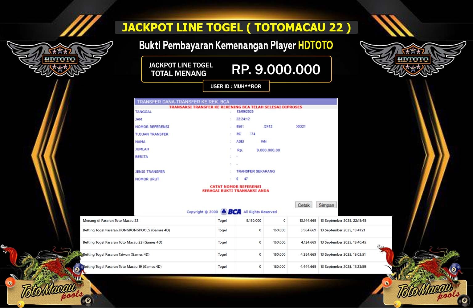HDTOTO JACKPOT LINE TOGEL (TOTOMACAU 22) Rp.9.000.000,- LUNAS