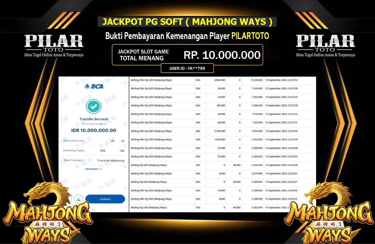 PILARTOTO JACKPOT PG SOFT (MAHJONG WAYS) Rp.10.000.000,- LUNAS