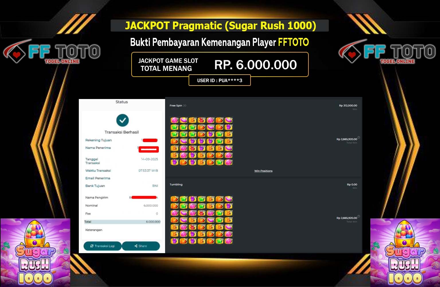 FFTOTO JACKPOT PRAGMATIC (SUGAR RUSH 1000) Rp.6.000.000,- LUNAS