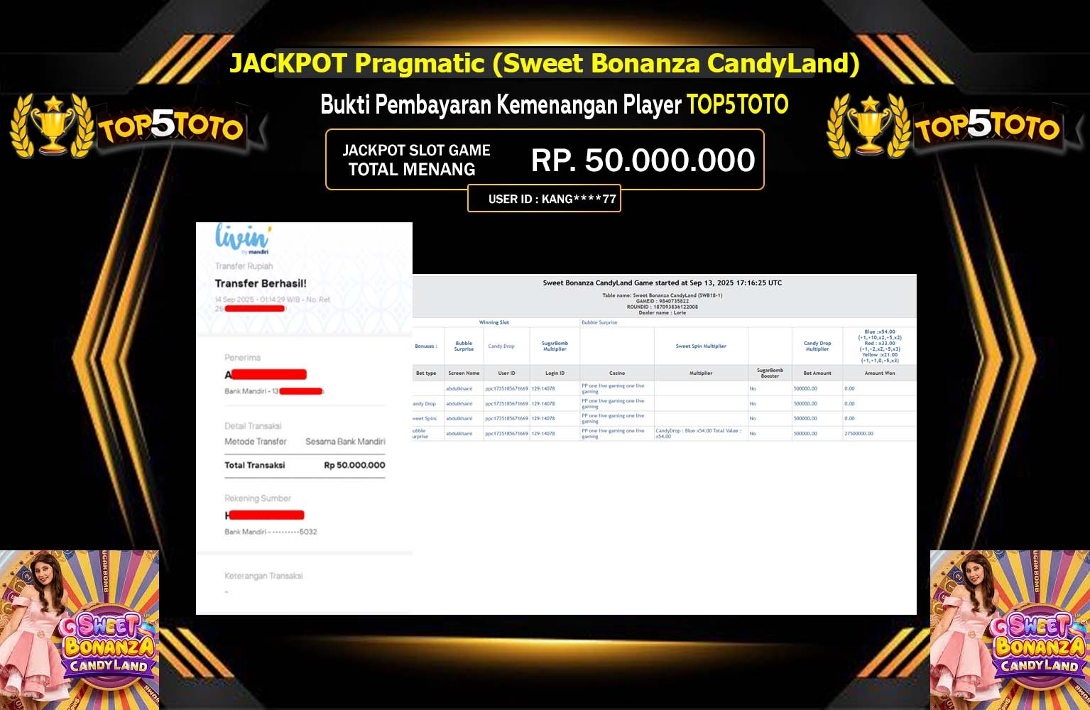 TOP5TOTO JACKPOT PRAGMATIC (SWEET BONANZA CANDYLAND) Rp.50.000.000,- LUNAS