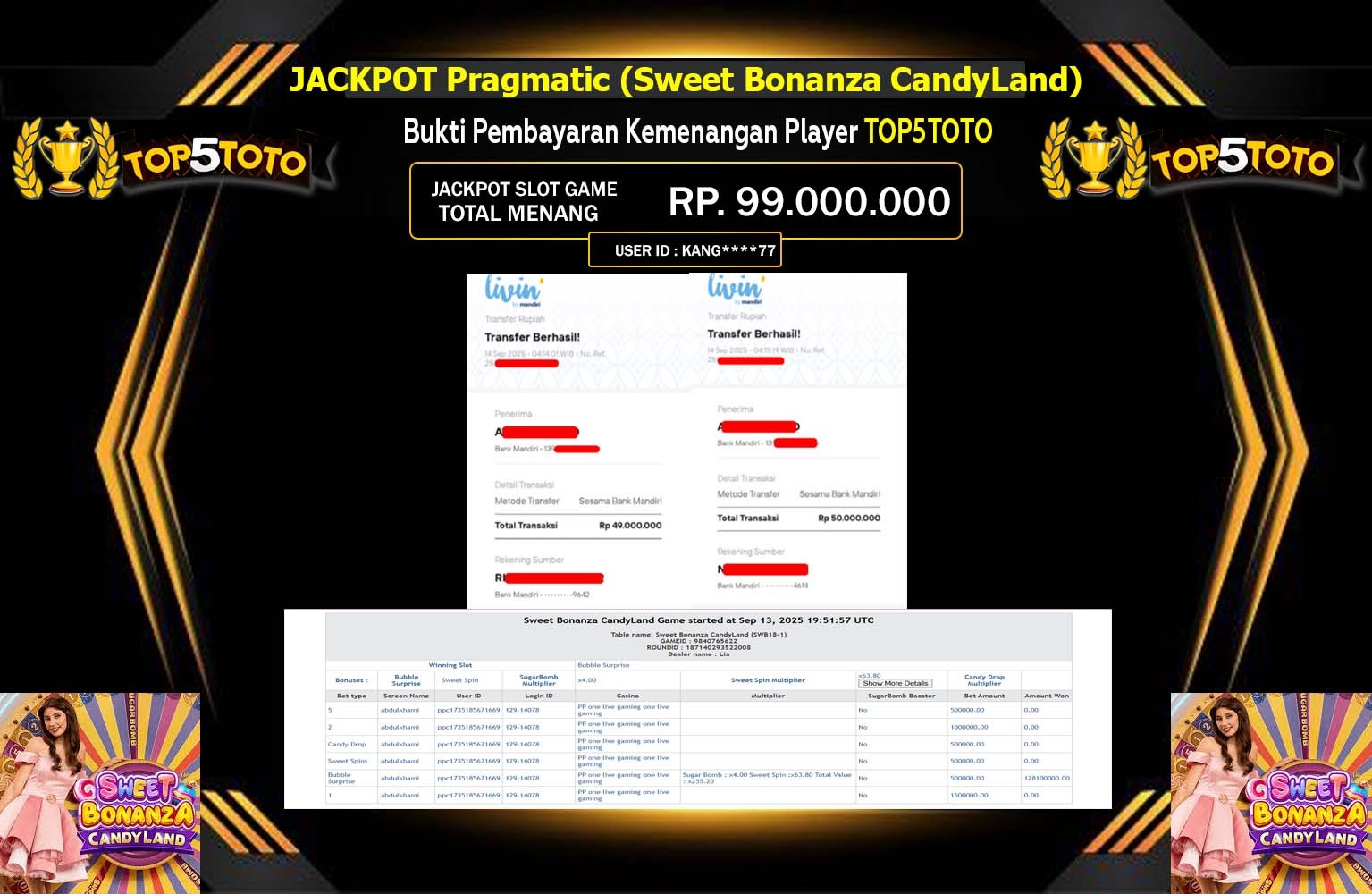 TOP5TOTO JACKPOT PRAGMATIC (SWEET BONANZA CANDYLAND) Rp.99.000.000,- LUNAS