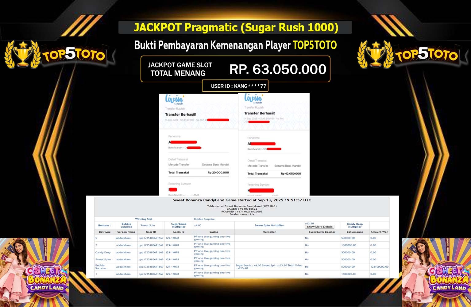 TOP5TOTO JACKPOT PRAGMATIC (SWEET BONANZA CANDYLAND) Rp.63.050.000,- LUNAS