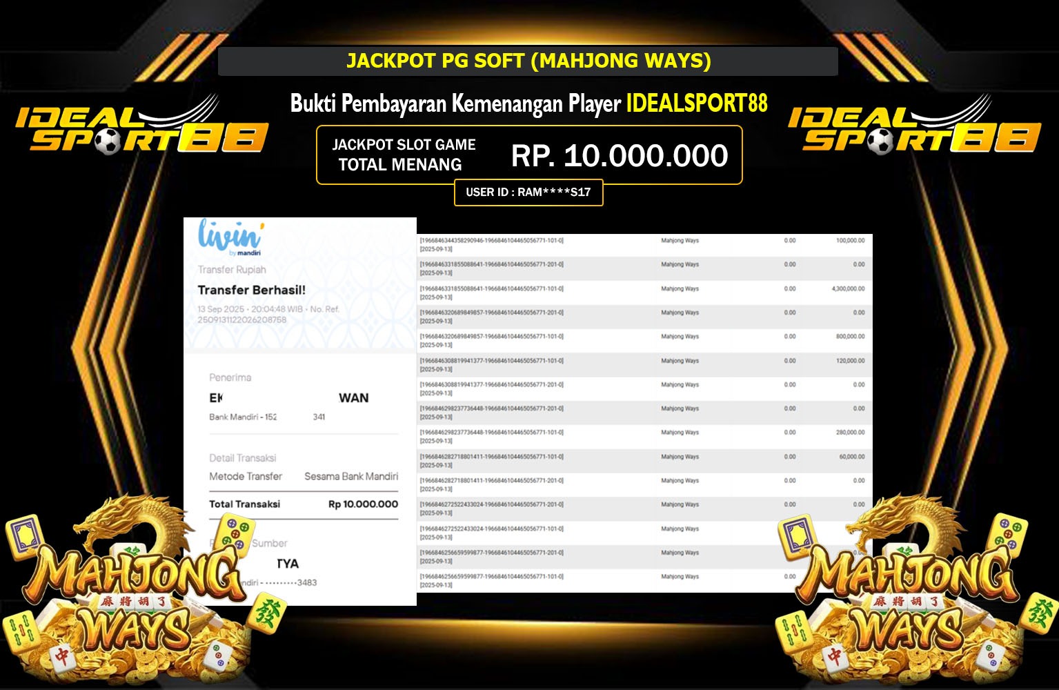 IDEALSPORT88 JACKPOT PG SOFT (MAHJONG WAYS) Rp.10.000.000,- LUNAS