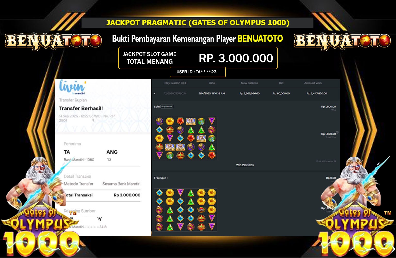 BENUATOTO JACKPOT PRAGMATIC (GATES OF OLYMPUS 1000) Rp.3.000.000,- LUNAS