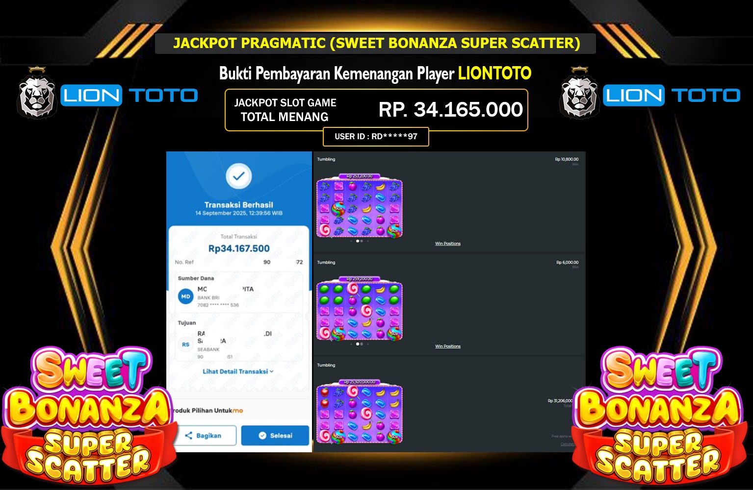 LIONTOTO JACKPOT PRAGMATIC (SWEET BONANZA SUPER SCATTER) Rp.34.165.000,- LUNAS