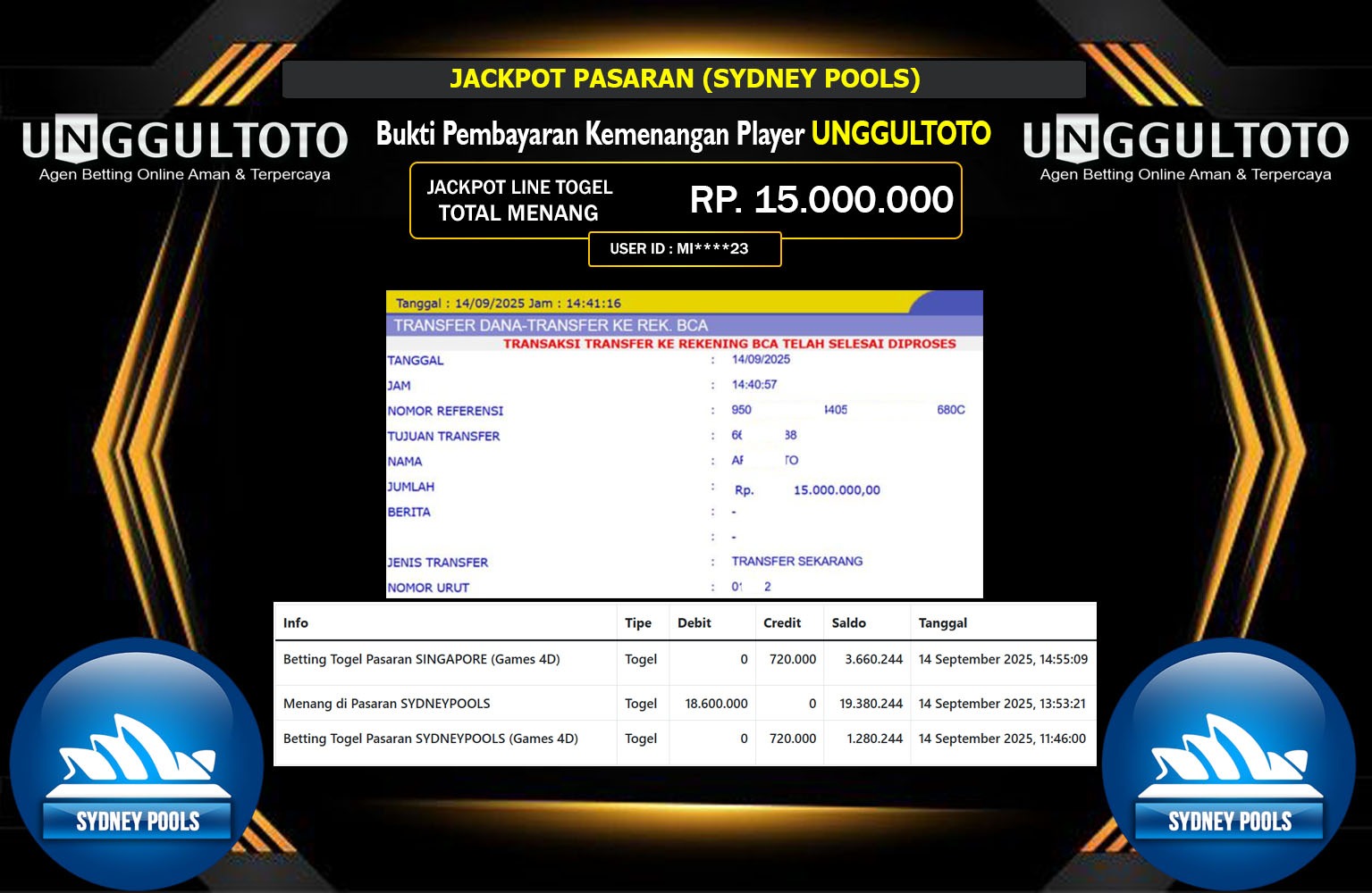 UNGGULTOTO JACKPOT PASARAN (SYDNEY POOLS) Rp.15.000.000,- LUNAS