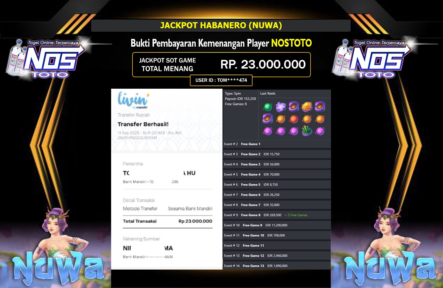 NOSTOTO JACKPOT HABANERO (NUWA) Rp.23.000.000,- LUNAS