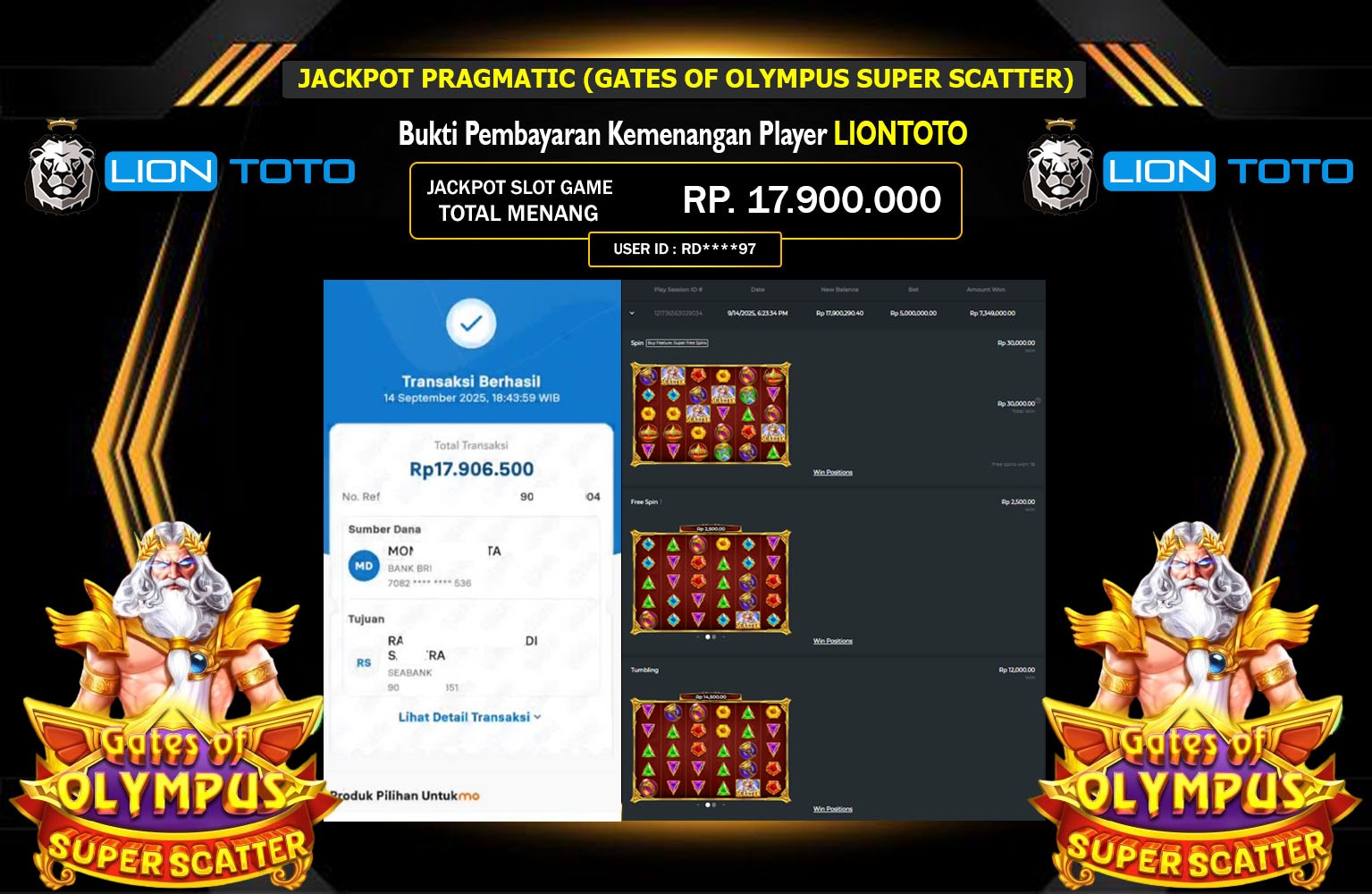 LIONTOTO JACKPOT PRAGMATIC (GATES OF OLYMPUS SUPER SCATTER) Rp.17.900.000,- LUNAS