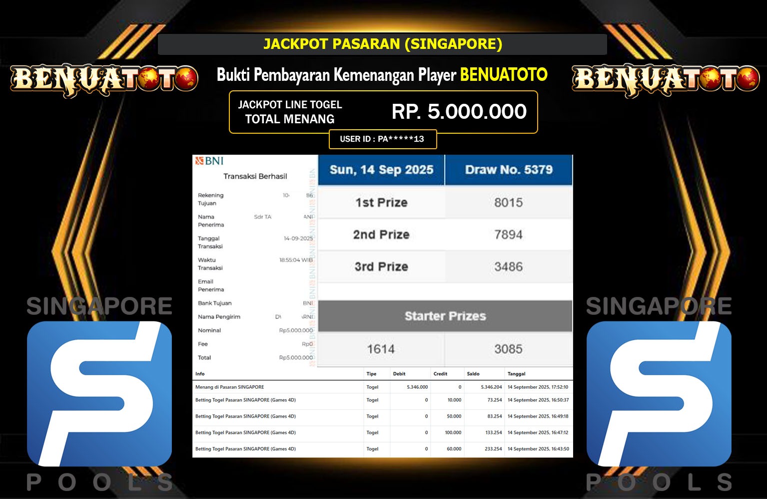 BENUATOTO JACKPOT PASARAN (SINGAPORE) Rp.5.000.000,- LUNAS