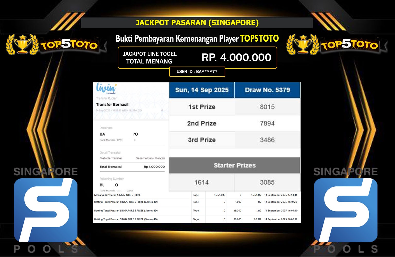 TOP5TOTO JACKPOT PASARAN (SINGAPORE) Rp.4.000.000,- LUNAS