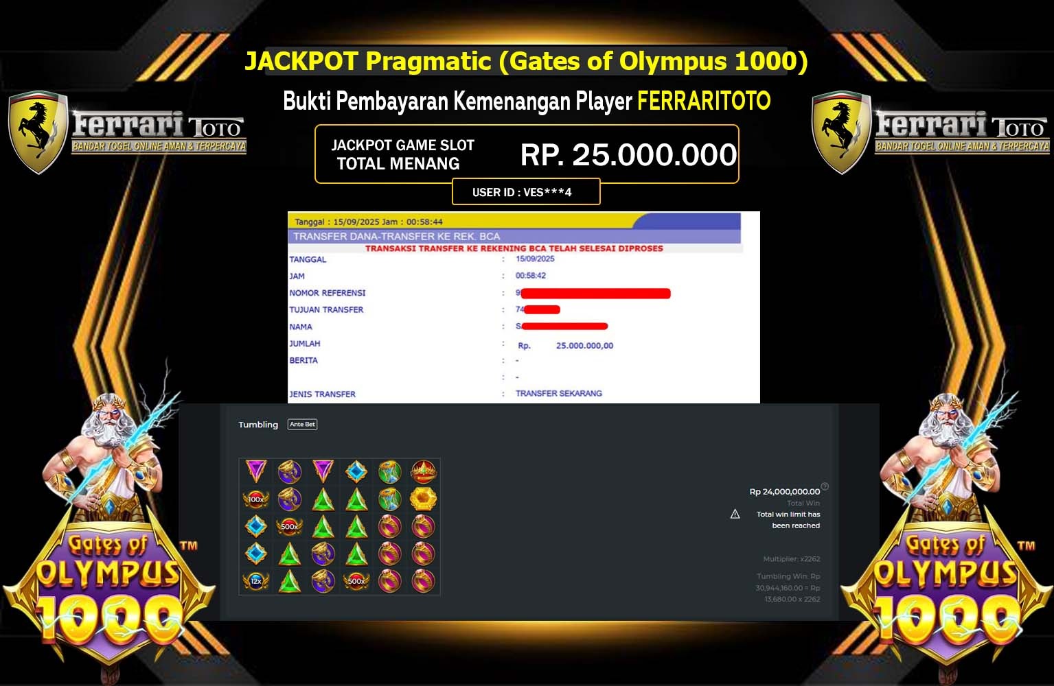FERRARITOTO JACKPOT PRAGMATIC (GATES OF OLYMPUS 1000) Rp.25.000.000,- LUNAS