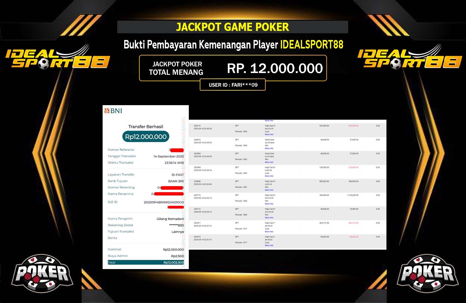 IDEALSPORT88 JACKPOT POKER (GAME POKER) Rp.12.000.000,- LUNAS