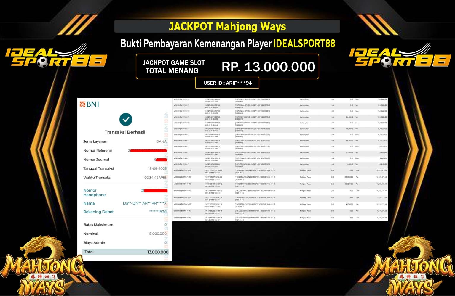 IDEALSPORT88 JACKPOT PG SOFT (MAHJONG WAYS) Rp.13.000.000,- LUNAS