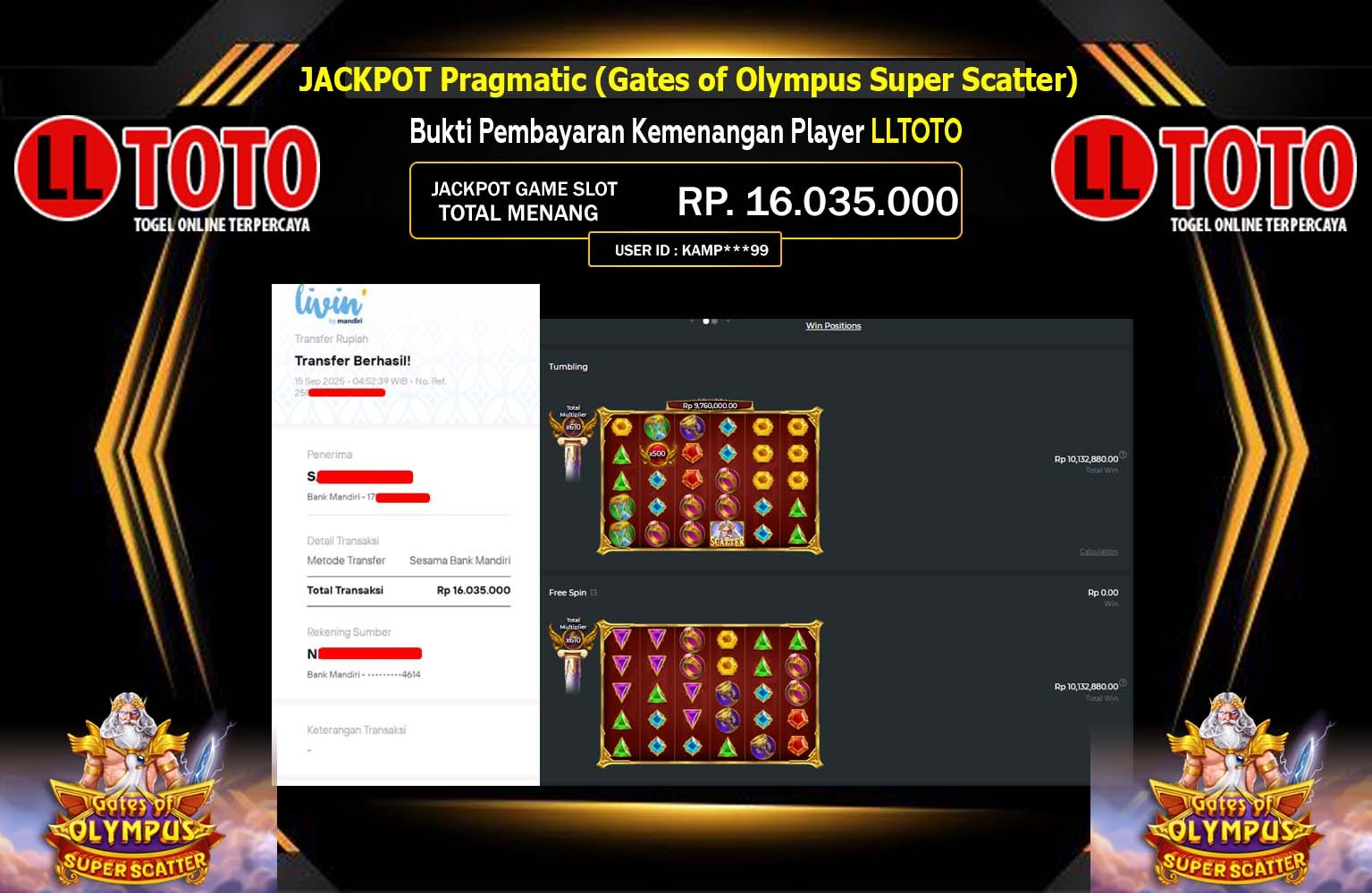 LLTOTO JACKPOT PRAGMATIC (GATES OF OLYMPUS SUPER SCATTER) Rp.16.035.000,- LUNAS