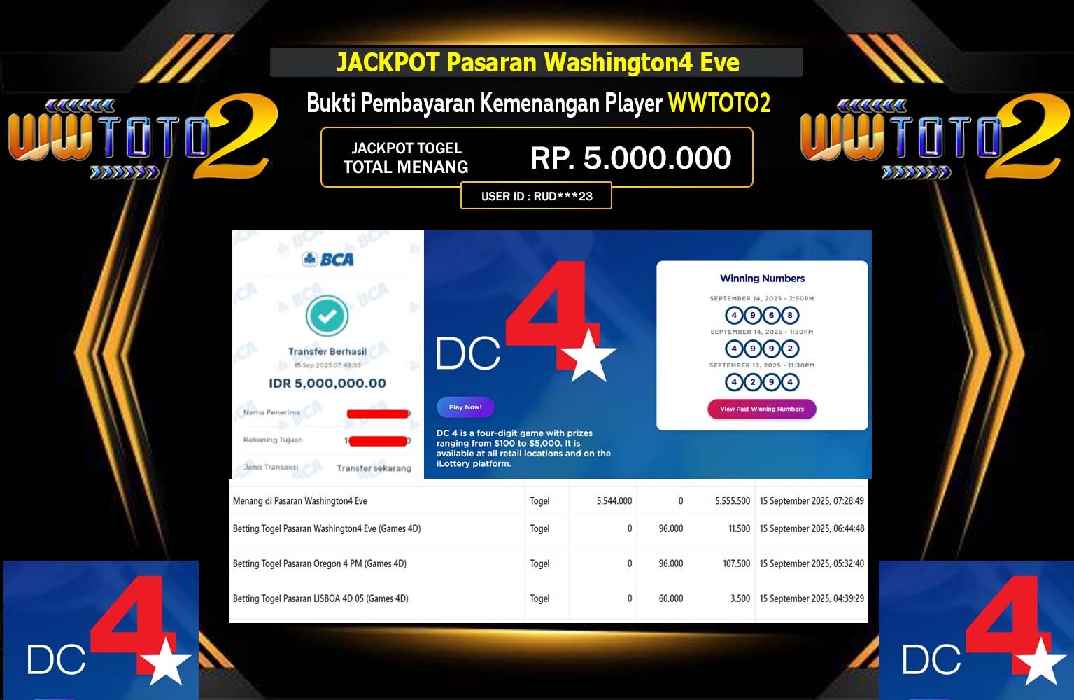 WWTOTO2 JACKPOT PASARAN (WASHINGTON 4 EVE) Rp.5.000.000,- LUNAS