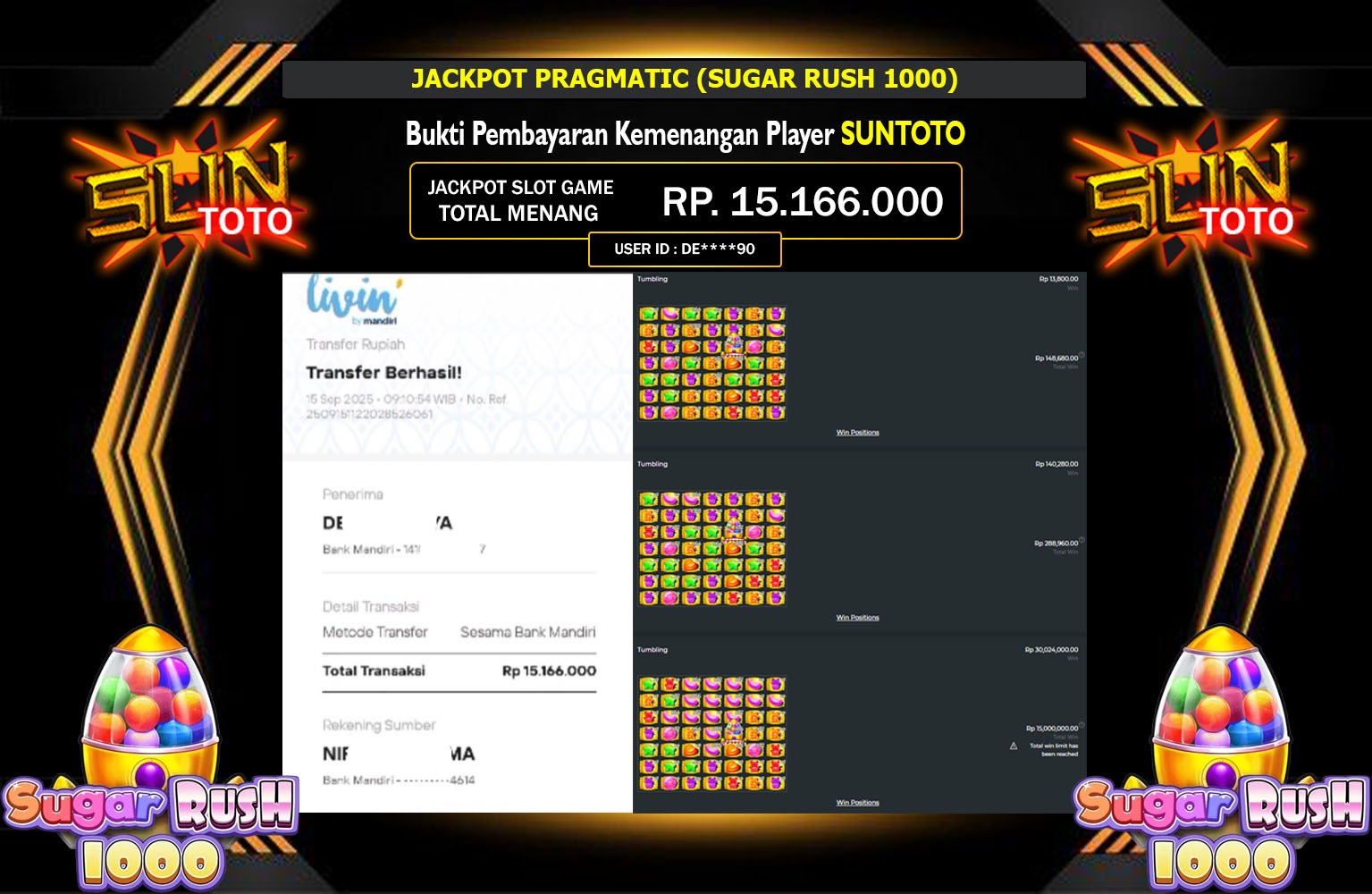 SUNTOTO JACKPOT PRAGMATIC (SUGAR RUSH 1000) Rp.15.166.000,- LUNAS