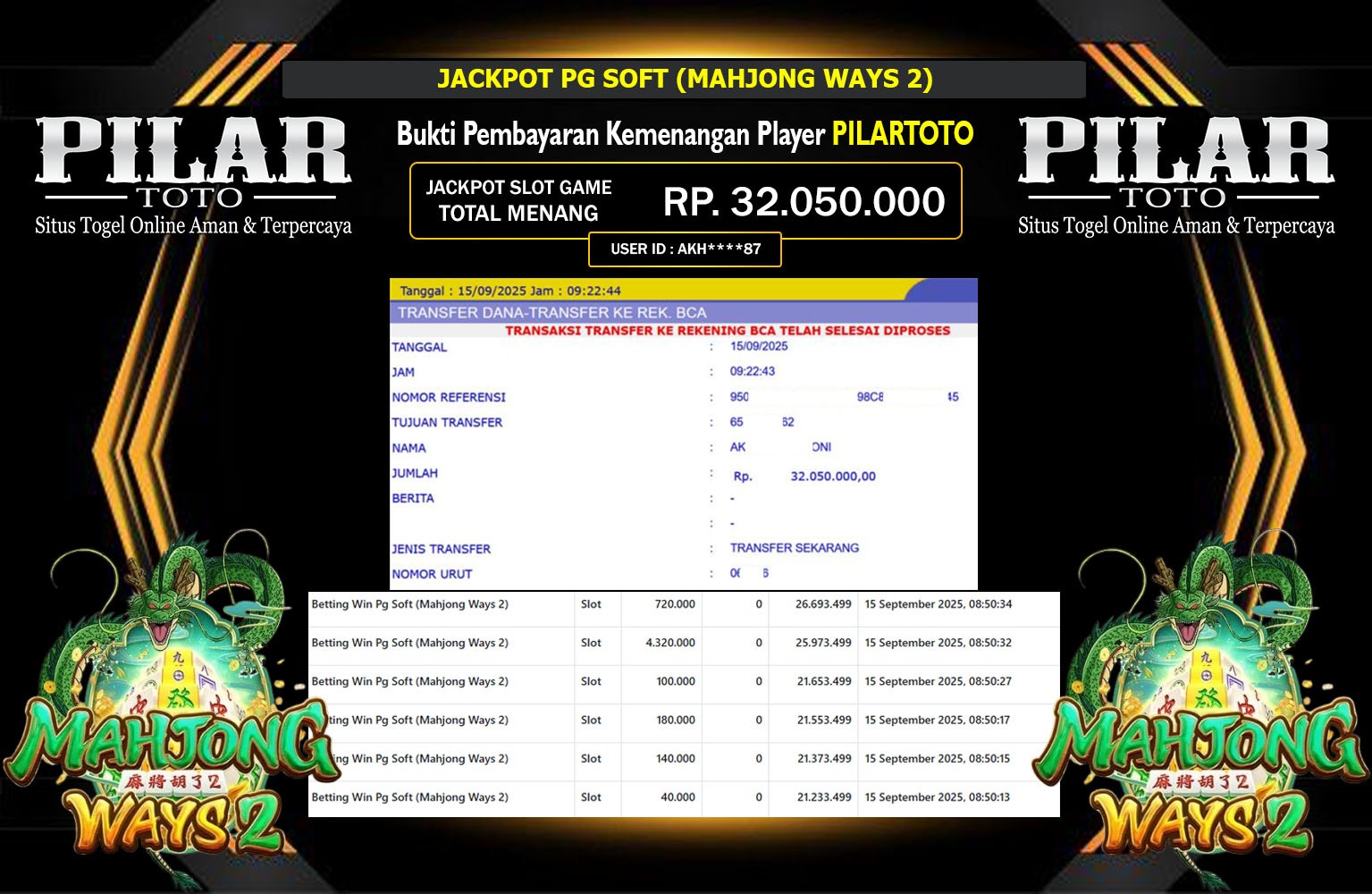 PILARTOTO JACKPOT PG SOFT (MAHJONG WAYS 2) Rp.32.050.000,- LUNAS
