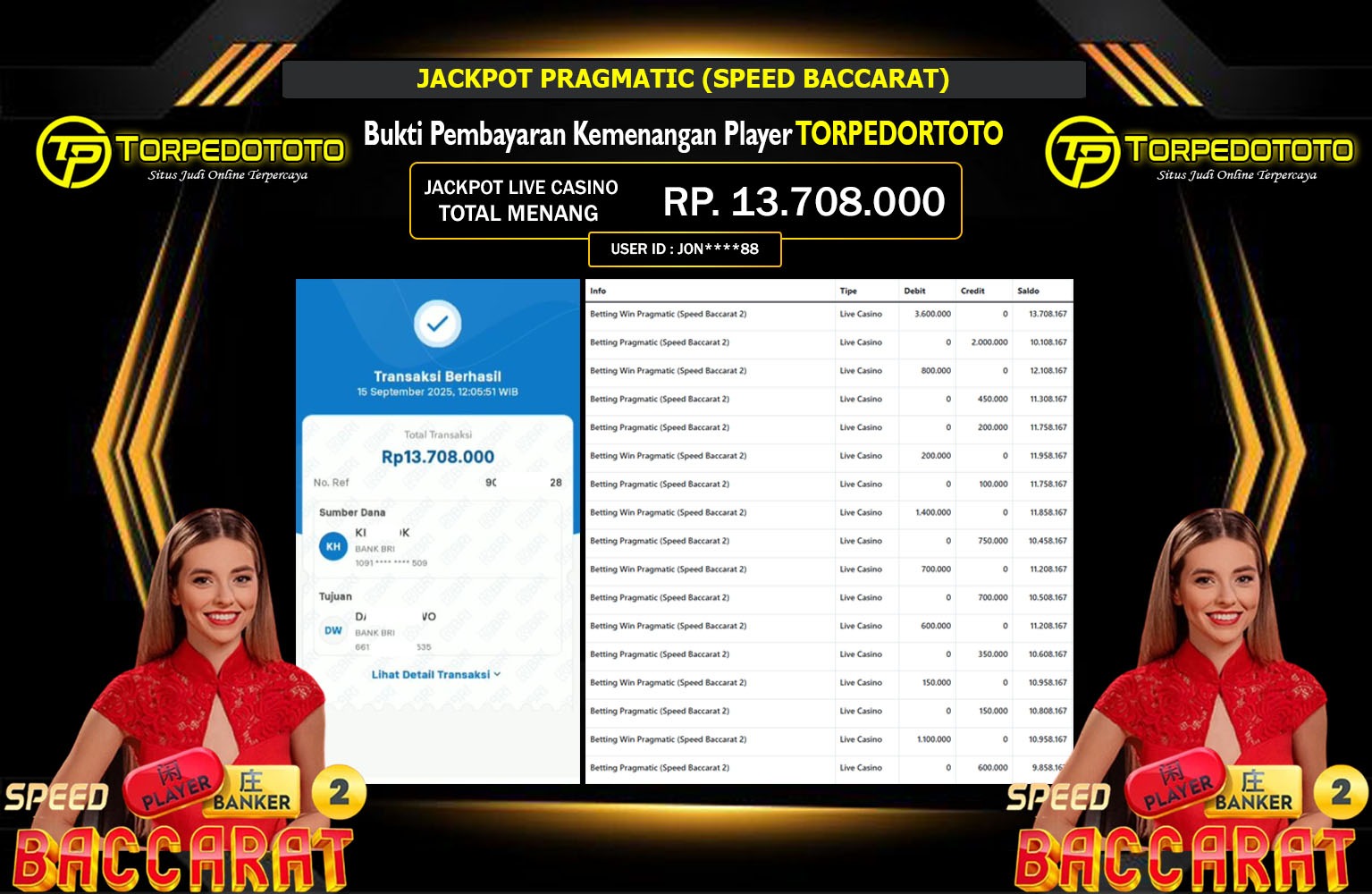 TORPEDOTOTO JACKPOT PRAGMATIC (SPEED BACCARAT) Rp.13.708.000,- LUNAS