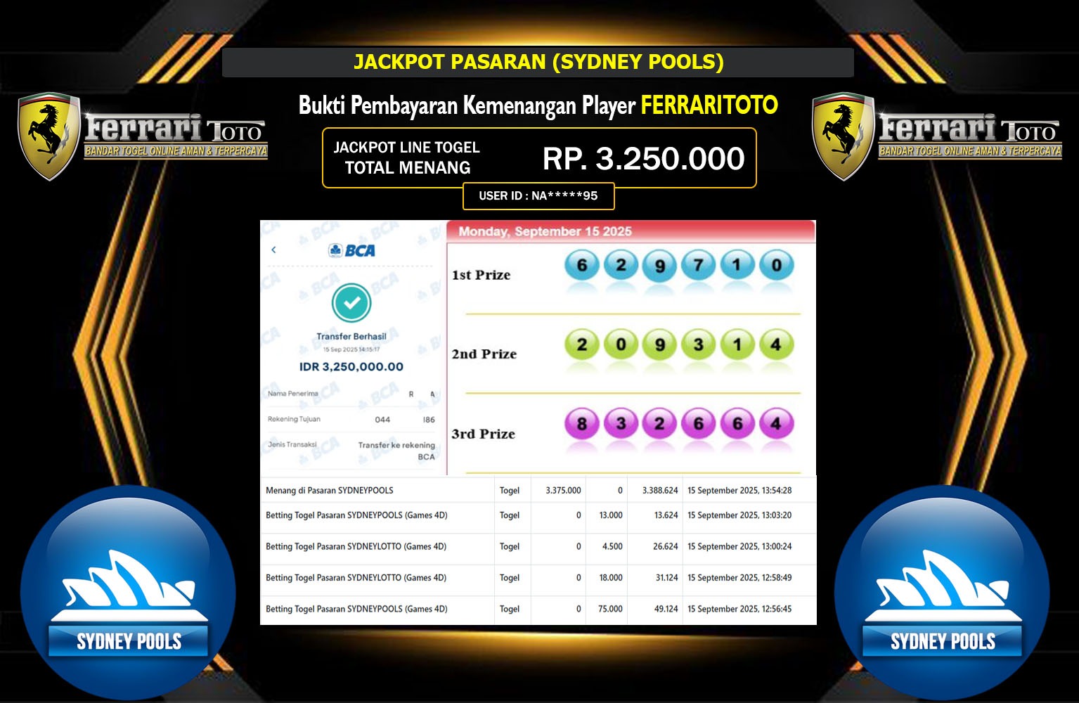 FERRARITOTO JACKPOT PASARAN (SYDNEY POOLS) Rp.3.250.000,- LUNAS