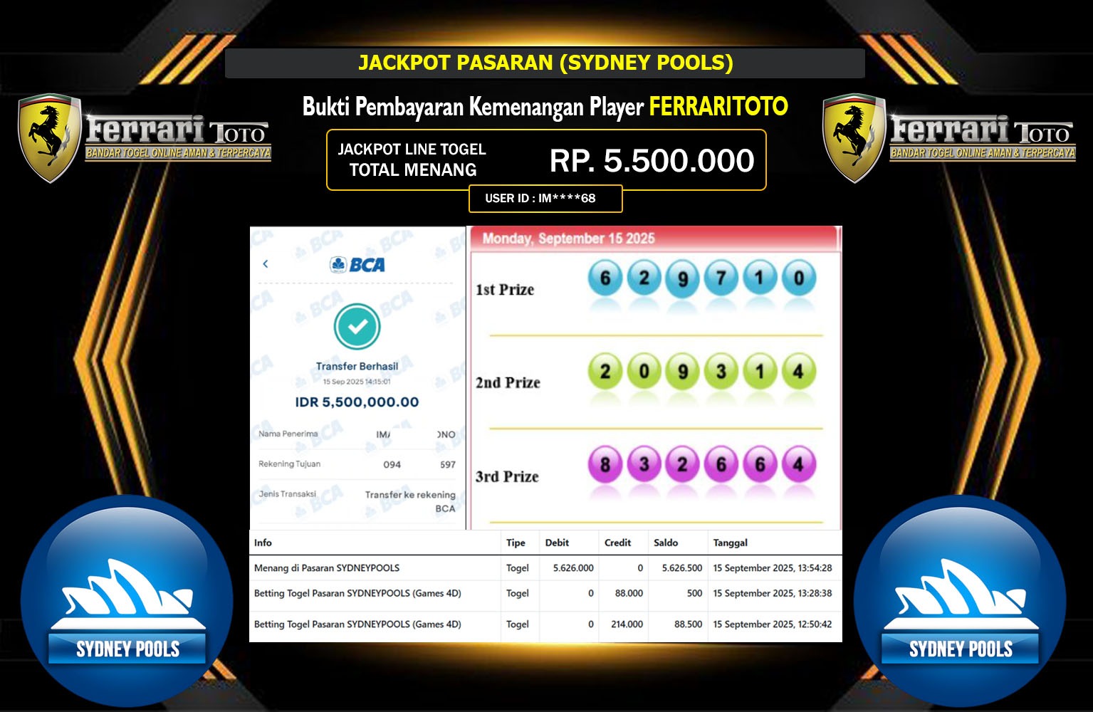 FERRARITOTO JACKPOT PASARAN (SYDNEY POOLS) Rp.5.500.000,- LUNAS
