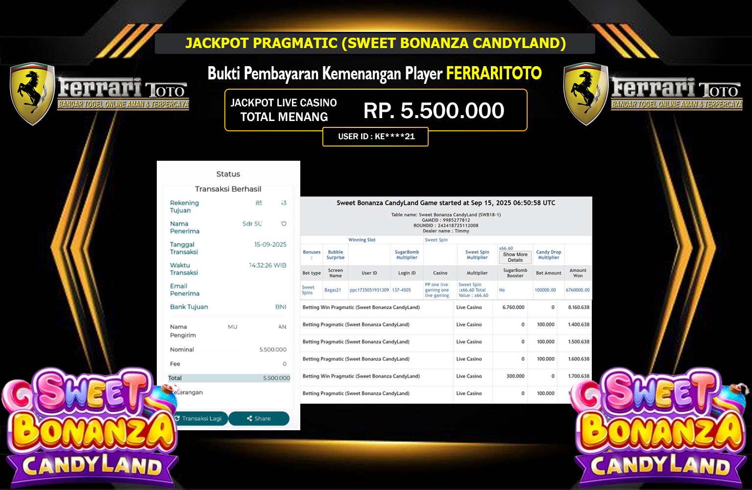 FERRARITOTO JACKPOT PRAGMATIC (SWEET BONANZA CANDYLAND) Rp.5.500.000,- LUNAS