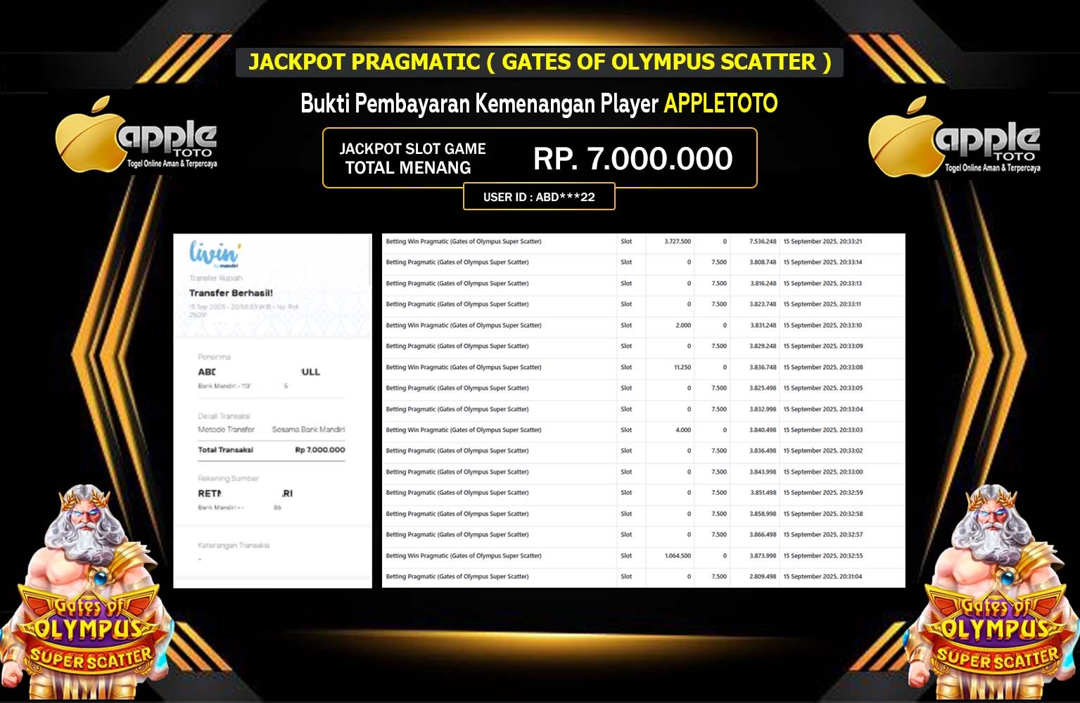 APPLETOTO JACKPOT PRAGMATIC (Gates of Olympus Super Scatter) Rp.7.000.000,- LUNAS