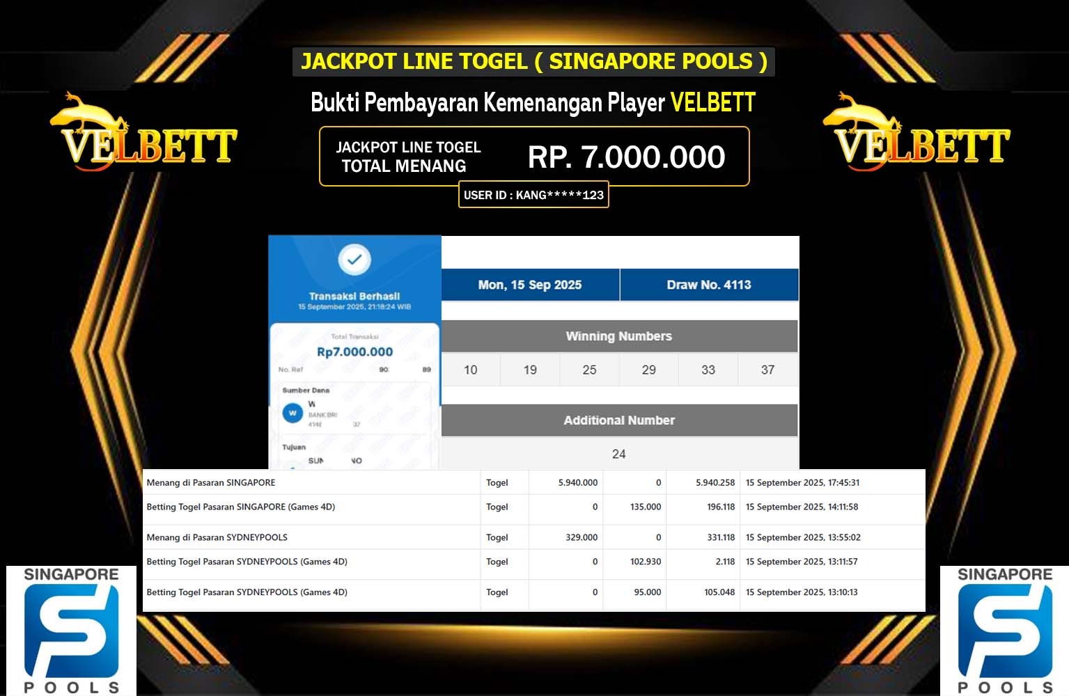 VELBETT JACKPOT PASARAN (SINGAPORE) Rp.7.000.000,- LUNAS