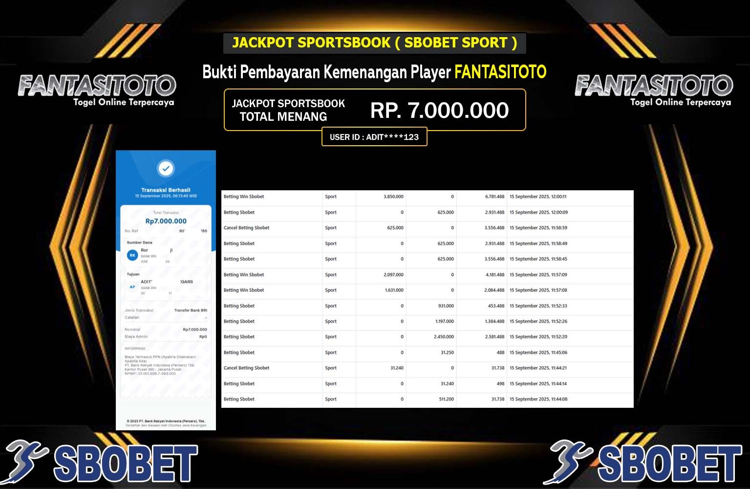 FANTASITOTO JACKPOT SPORTSBOOK (SBOBET SPORT) Rp.7.000.000,- LUNAS