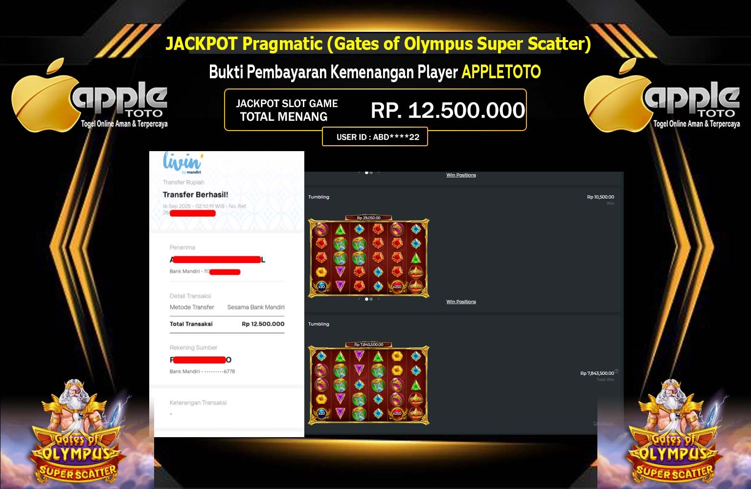 APPLETOTO JACKPOT PRAGMATIC (Gates of Olympus Super Scatter) Rp.12.500.000,- LUNAS