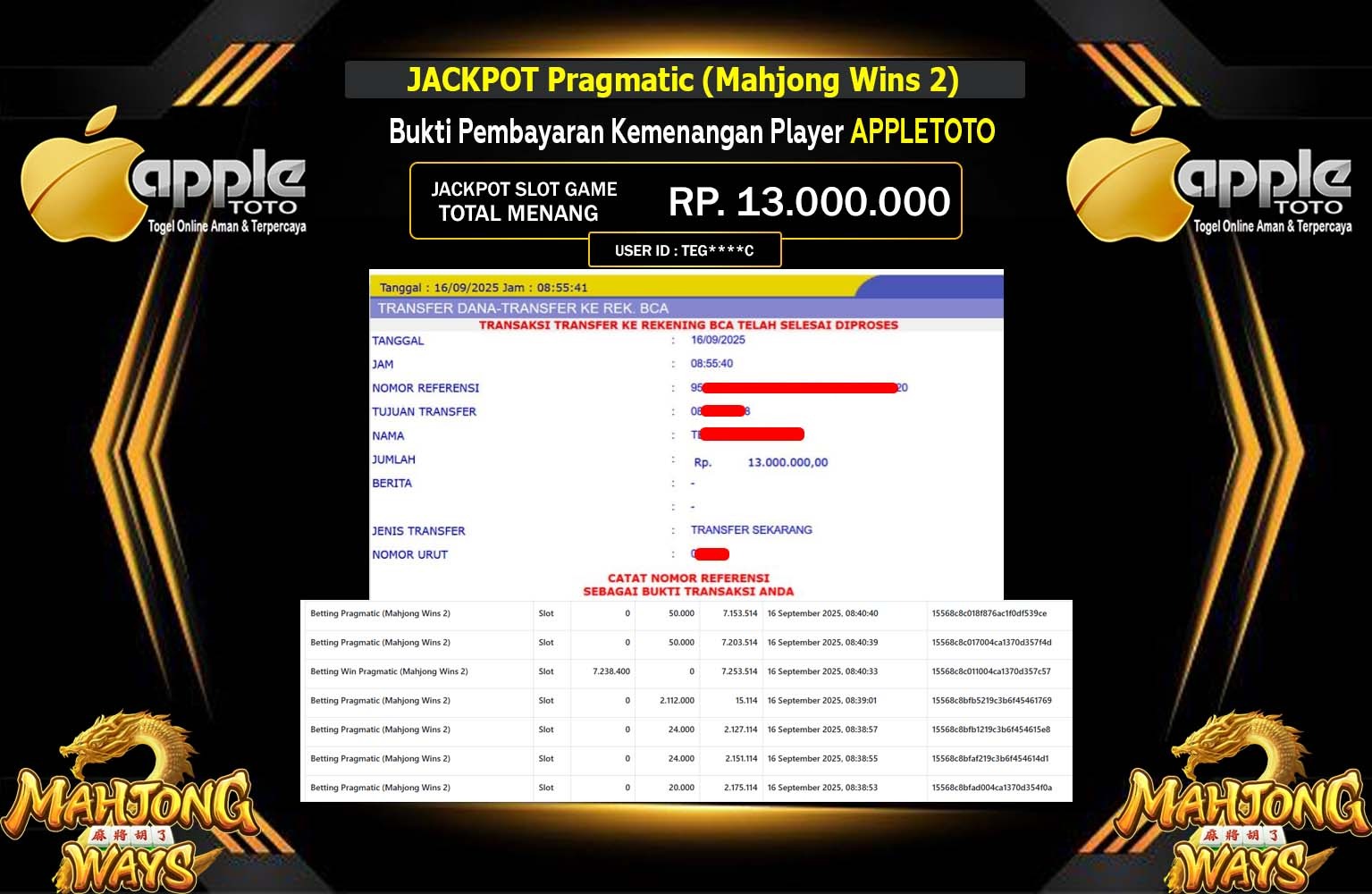 APPLETOTO JACKPOT PRAGMATIC (Mahjong Wins2) Rp.13.000.000,- LUNAS
