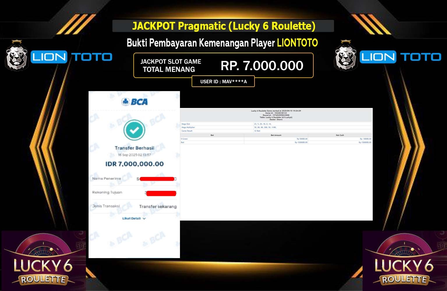 LIONTOTO JACKPOT Pragmatic (Lucky 6 Roulette) Rp.7.000.000,- LUNAS