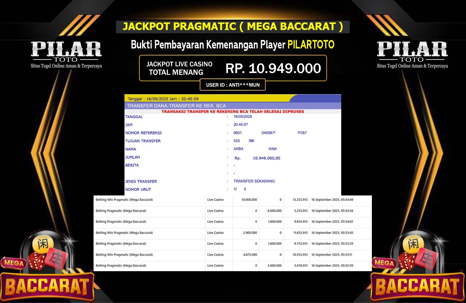 PILARTOTO JACKPOT PRAGMATIC (MEGA BACCARAT) Rp.10.949.000,- LUNAS