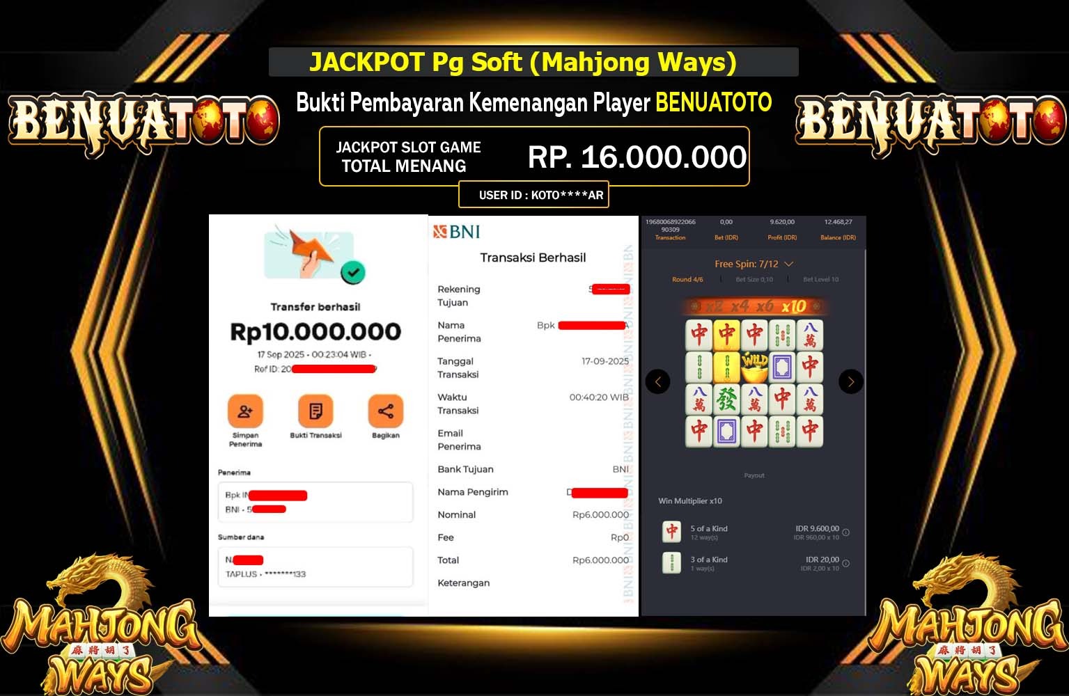BENUATOTO JACKPOT Pg Soft (Mahjong Ways) Rp.16.000.000,- LUNAS