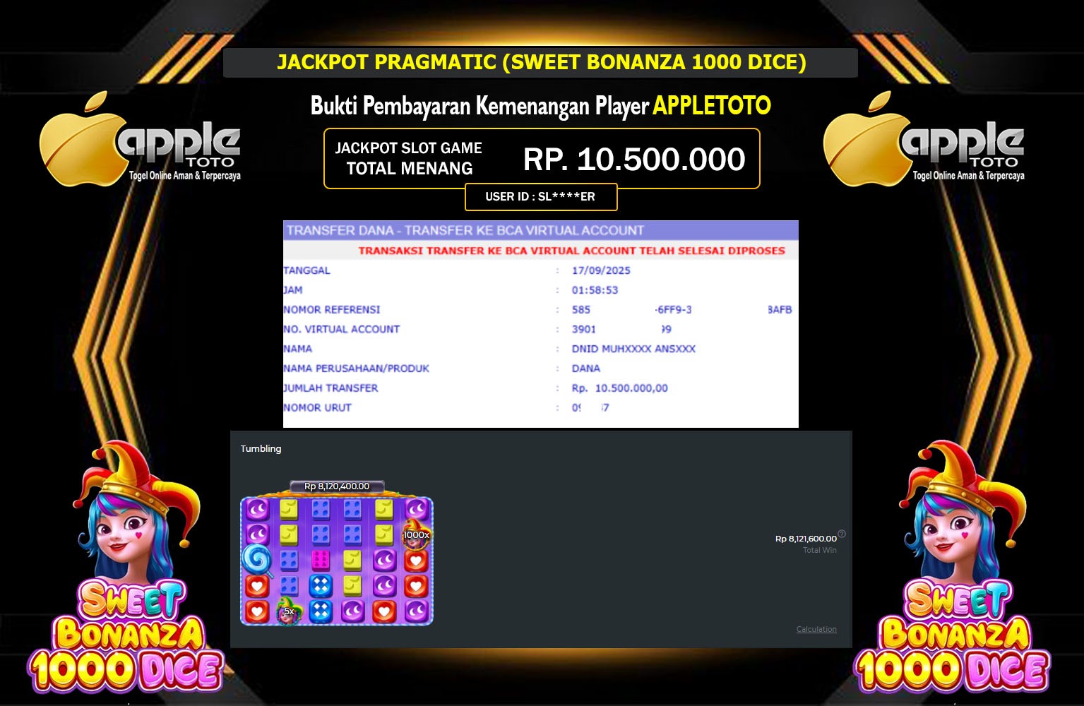 APPLETOTO JACKPOT PRAGMATIC (SWEET BONANZA 1000 DICE) Rp.10.500.000,- LUNAS