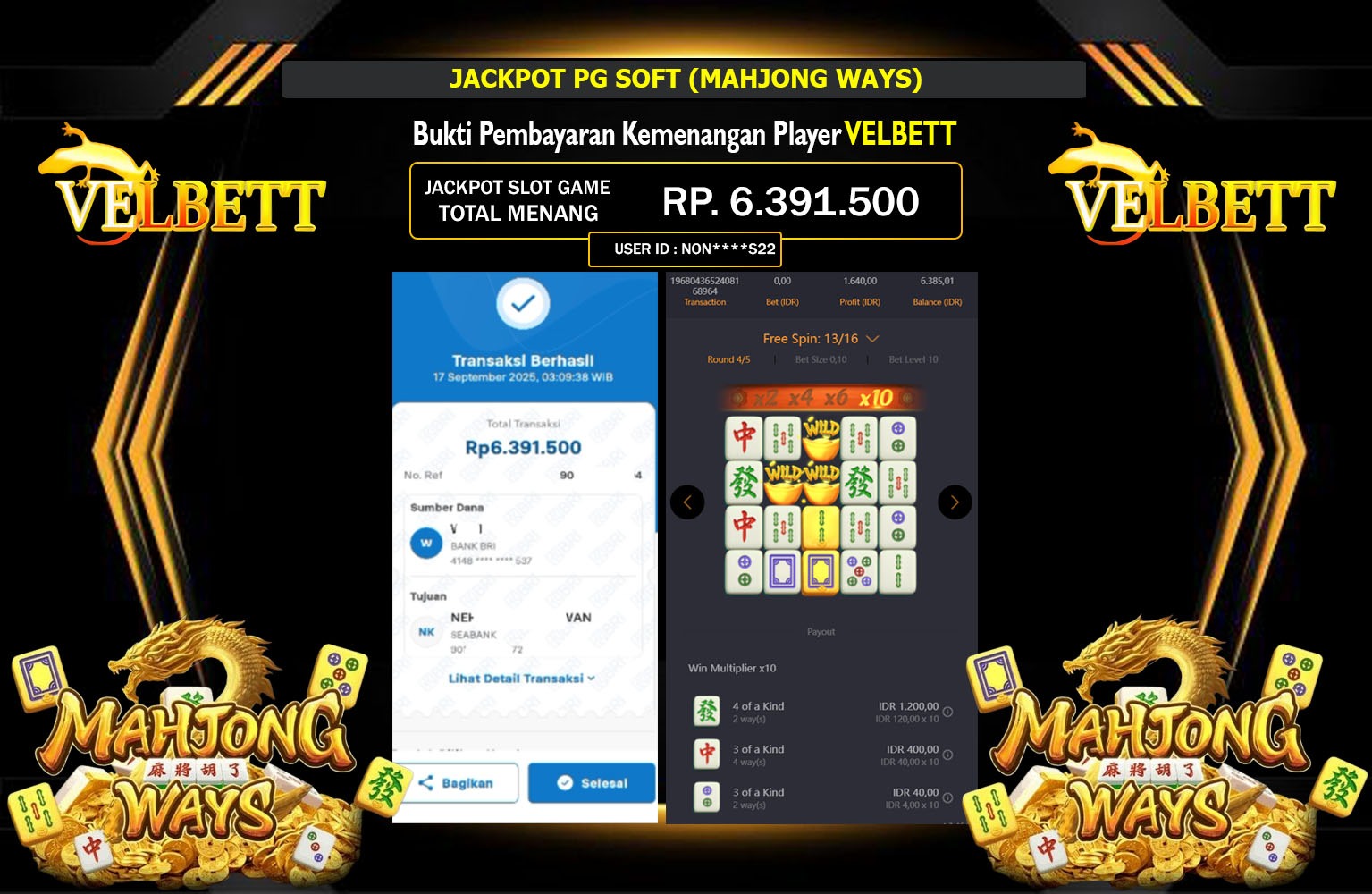 VELBETT JACKPOT PG SOFT (MAHJONG WAYS) Rp.6.391.500,- LUNAS