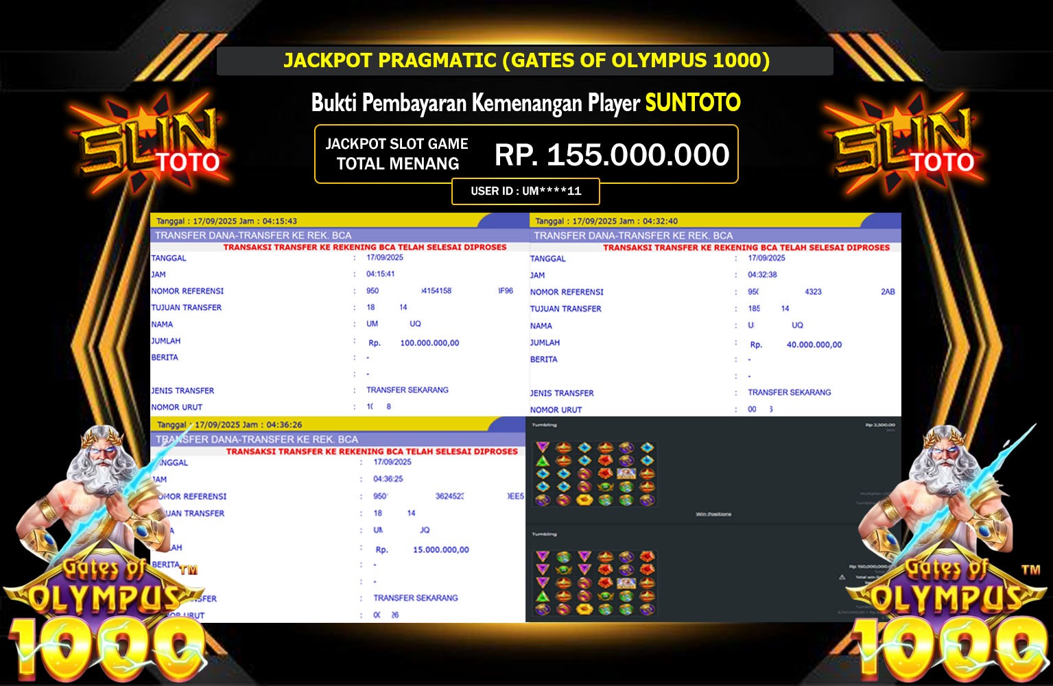 SUNTOTO JACKPOT PRAGMATIC (GATES OF OLYMPUS 1000) Rp.155.000.000,- LUNAS