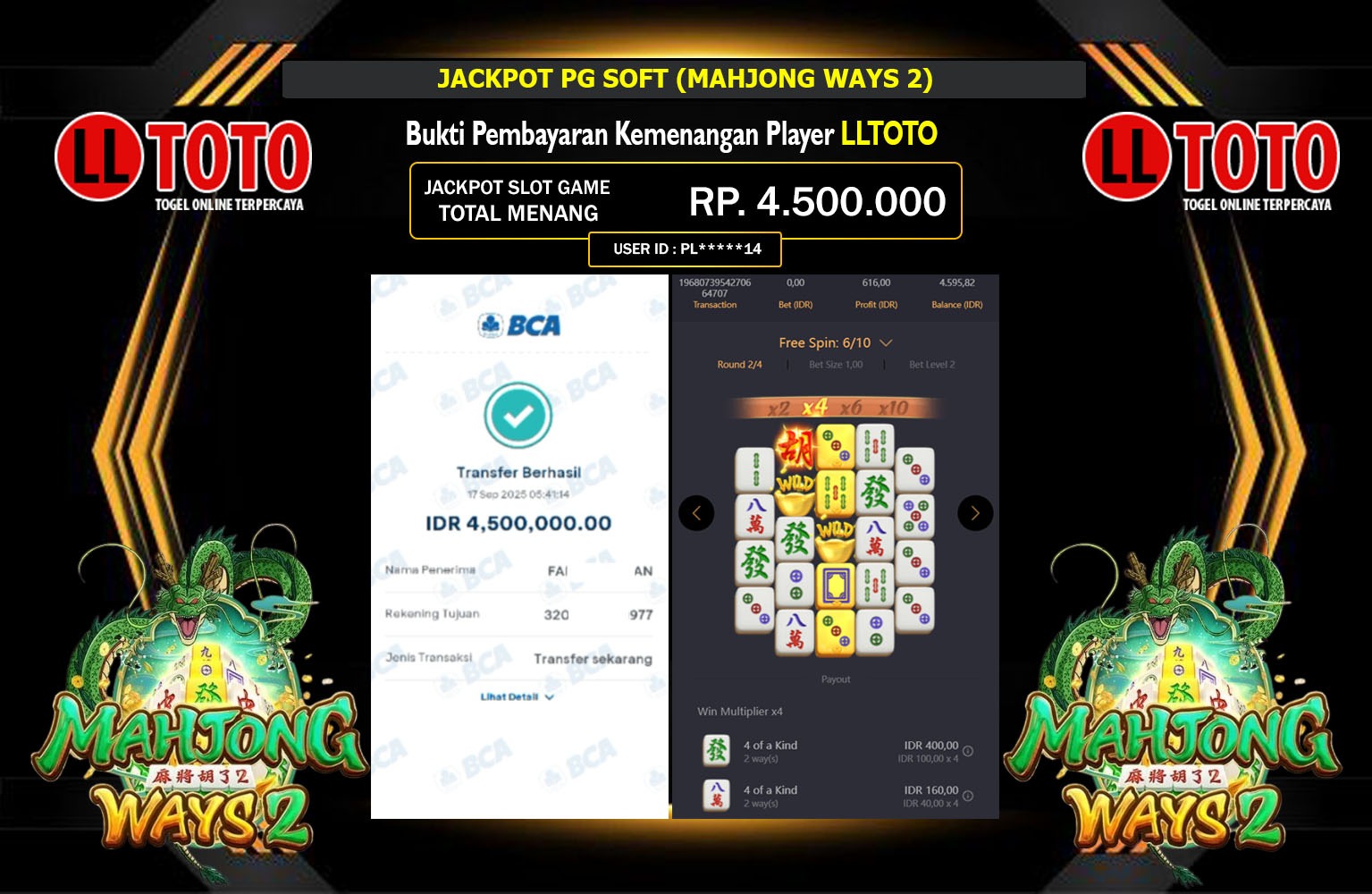 LLTOTO JACKPOT PG SOFT (MAHJONG WAYS 2) Rp.4.500.000,- LUNAS