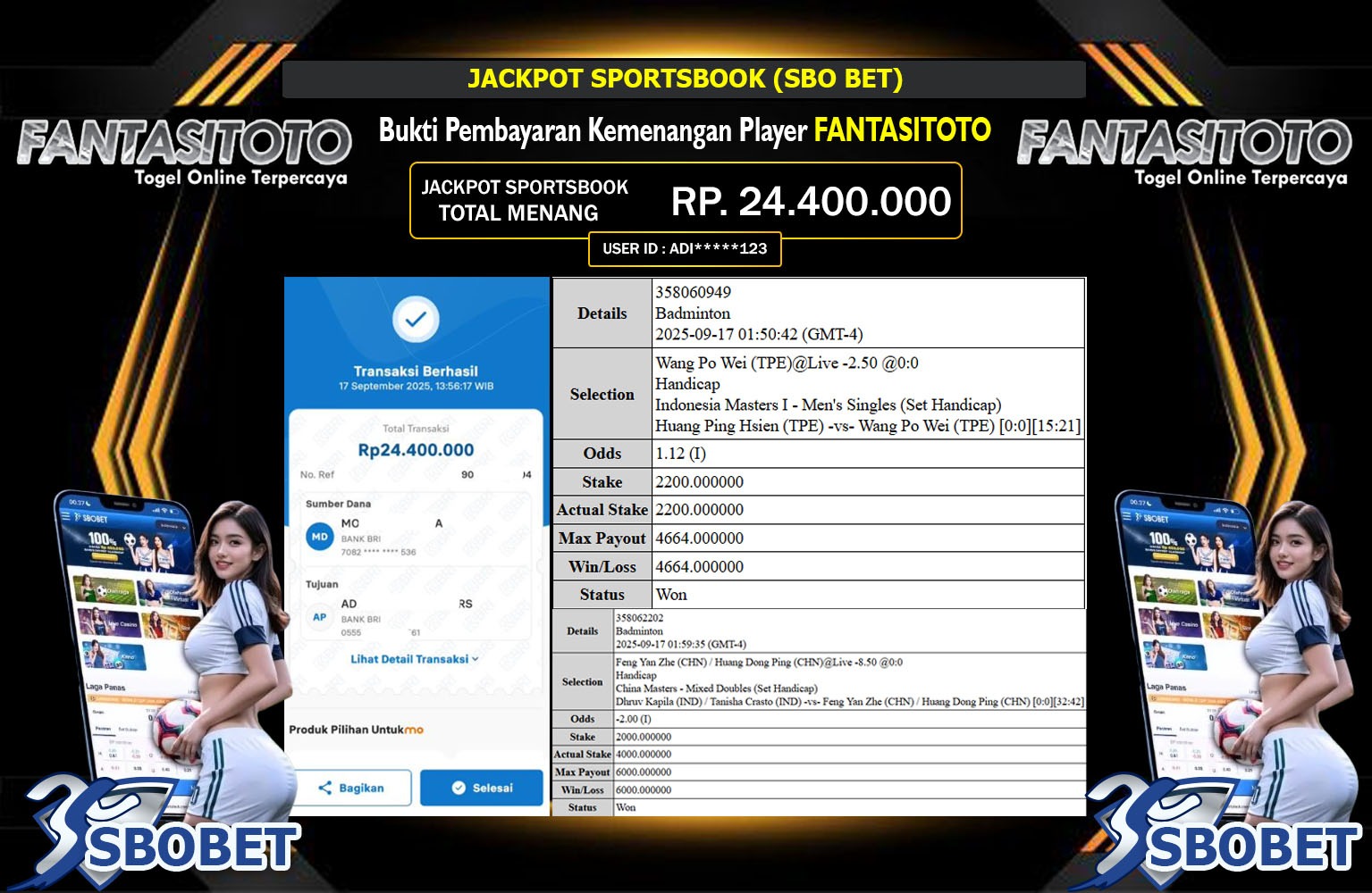 FANTASITOTO JACKPOT SPORTSBOOK (SBO BET) Rp.24.400.000,- LUNAS