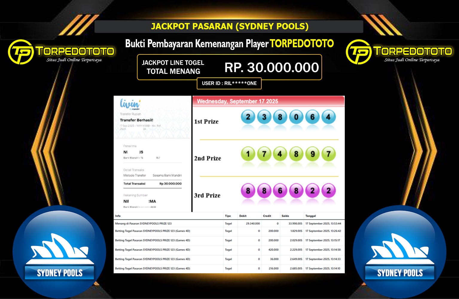 TORPEDOTOTO JACKPOT PASARAN (SYDNEY POOLS) Rp.30.000.000,- LUNAS