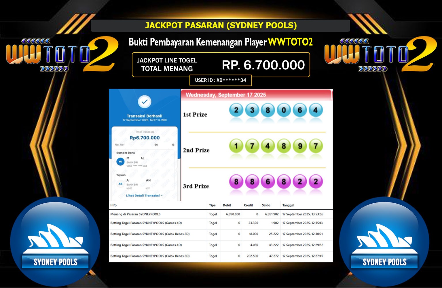 WWTOTO2 JACKPOT PASARAN (SYDNEY POOLS) Rp.6.700.000,- LUNAS