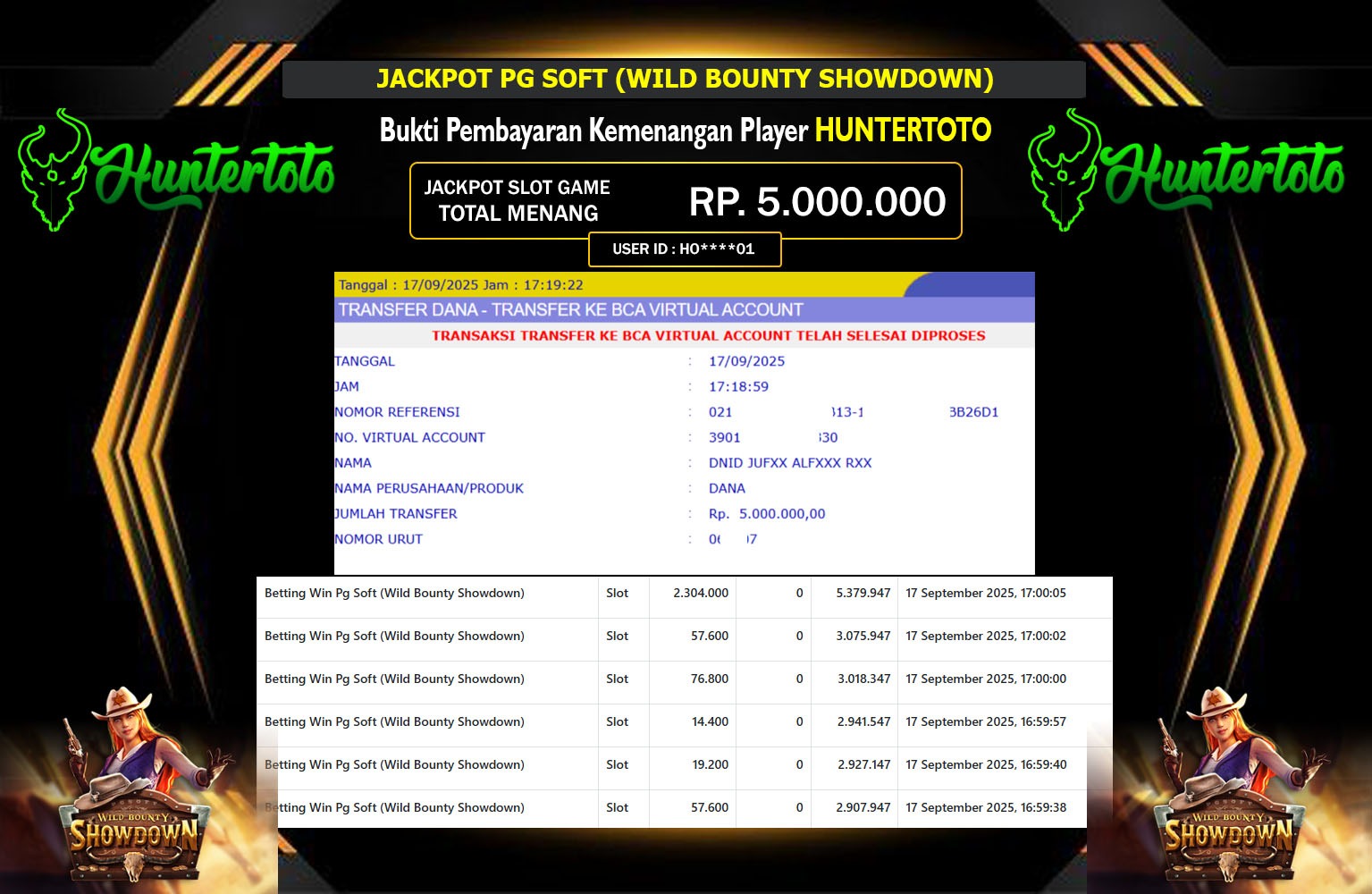HUNTERTOTO JACKPOT PG SOFT (WILD BOUNTY SHOWDOWN) Rp.5.000.000,- LUNAS