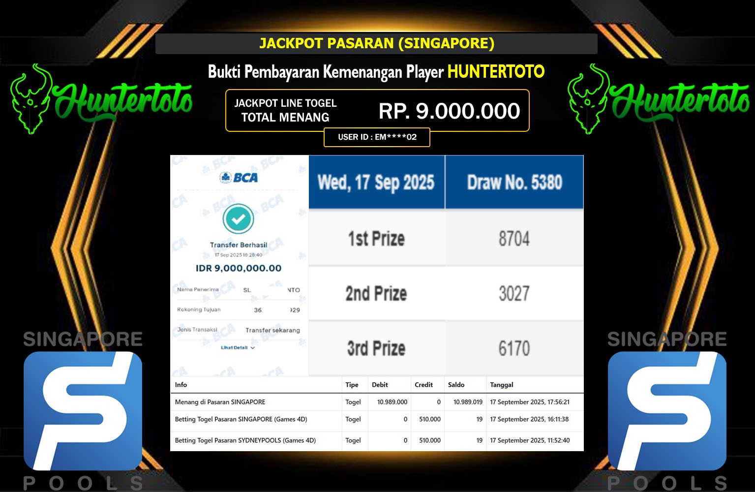 HUNTERTOTO JACKPOT PASARAN (SINGAPORE) Rp.9.000.000,- LUNAS
