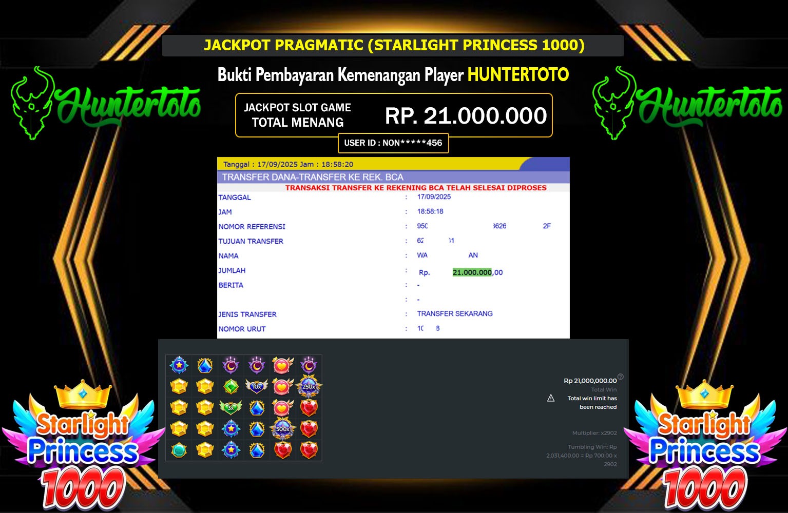 HUNTERTOTO JACKPOT PRAGMATIC (STARLIGHT PRINCESS 1000) Rp.21.000.000,- LUNAS