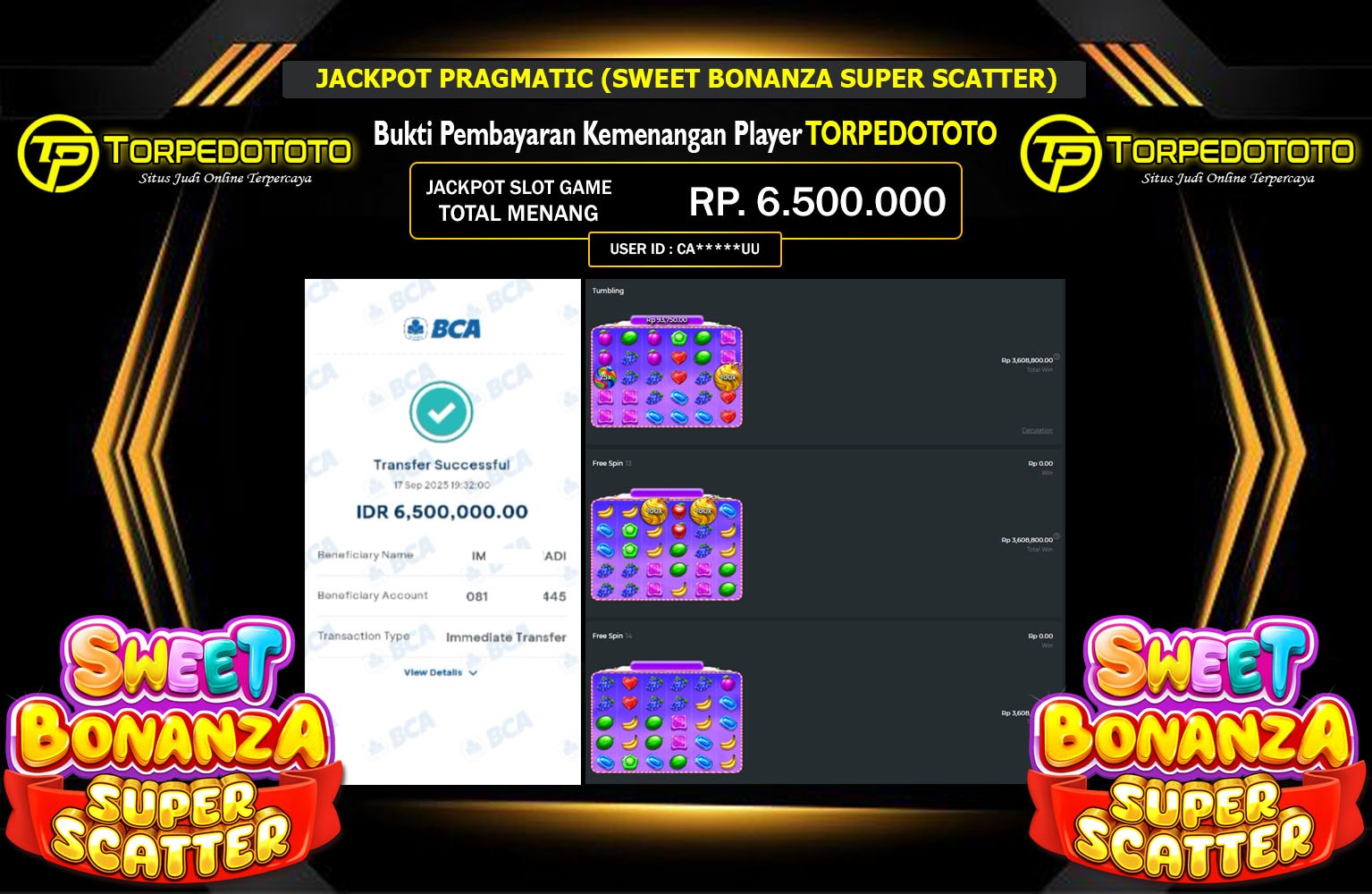 TORPEDOTOTO JACKPOT PRAGMATIC (SWEET BONANZA SUPER SCATTER) Rp.6.500.000,- LUNAS