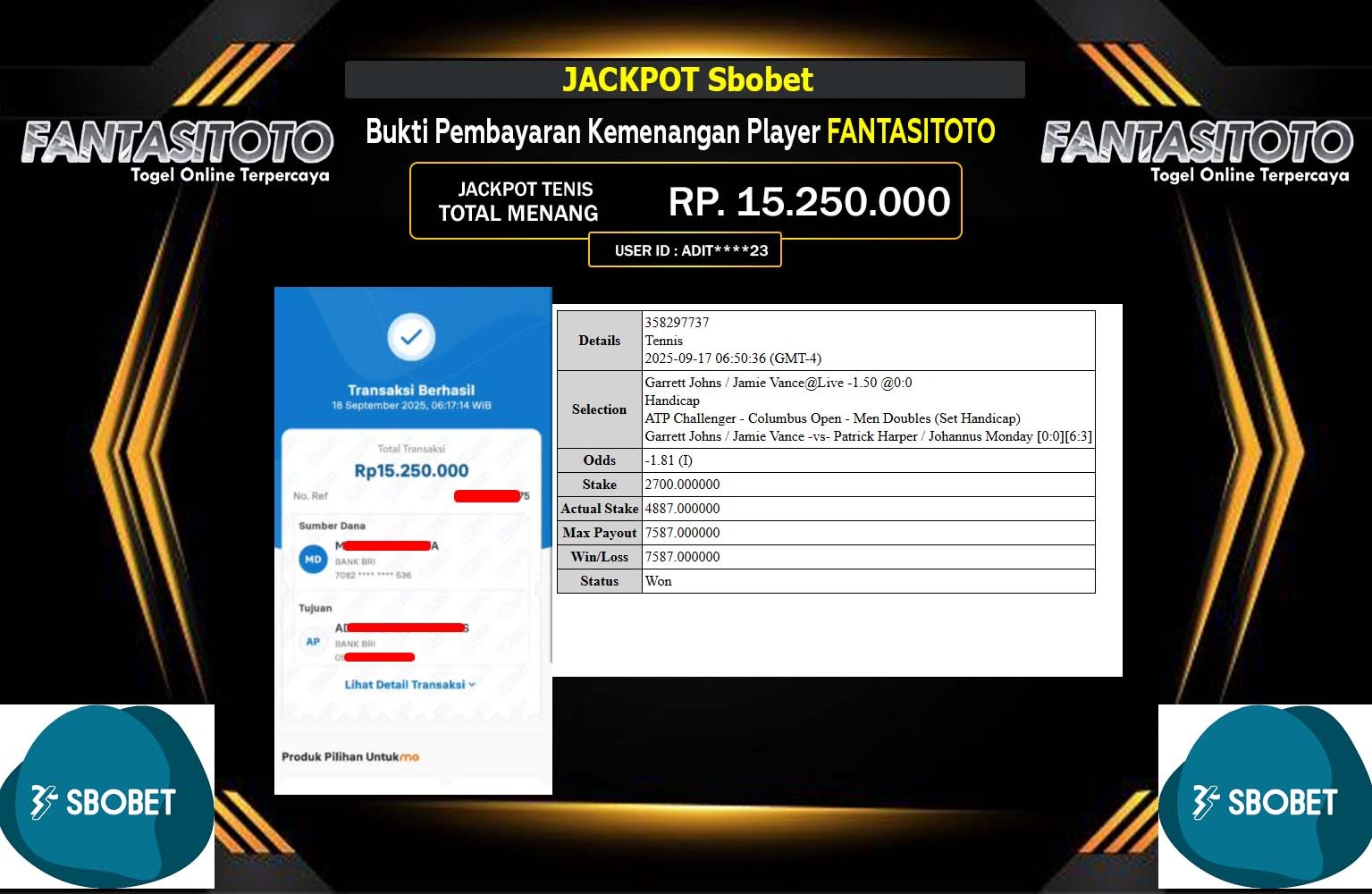 FANTASITOTO JACKPOT SPORTSBOOK (SBOBET) Rp.15.250.000,- LUNAS