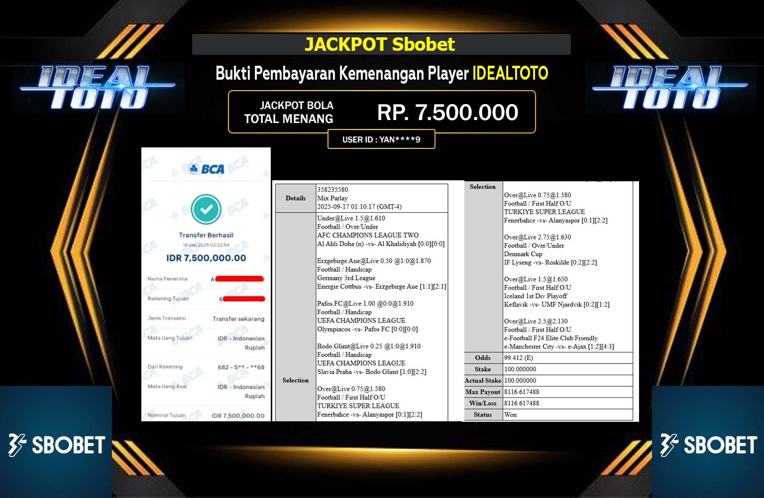 IDEALTOTO JACKPOT SPORTSBOOK (SBOBET) Rp.7.500.000,- LUNAS