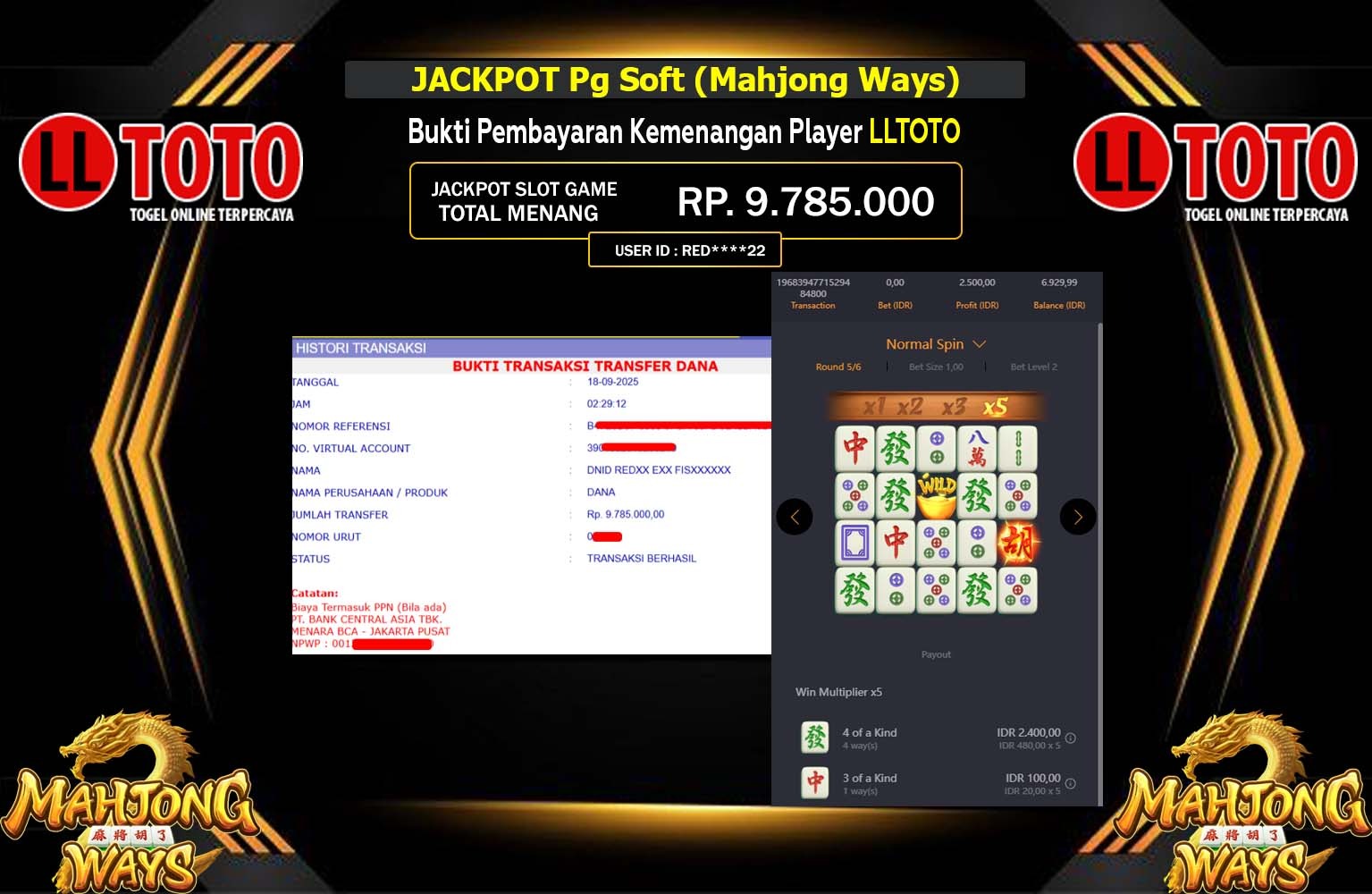 LLTOTO JACKPOT PG SOFT (MAHJONG WAYS) Rp.9.785.000,- LUNAS