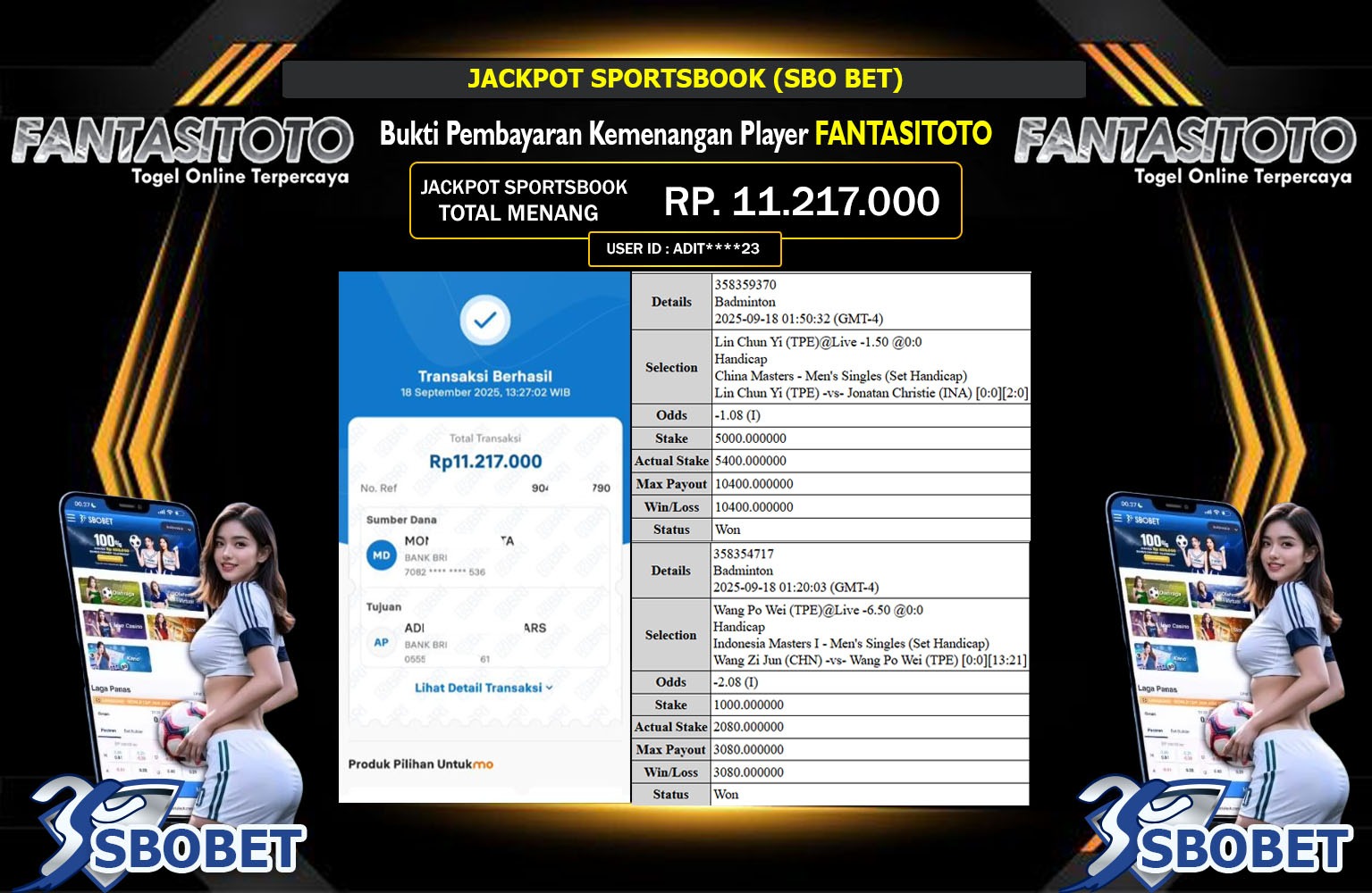 FANTASITOTO JACKPOT SPORTSBOOK (SBOBET) Rp.11.217.000,- LUNAS