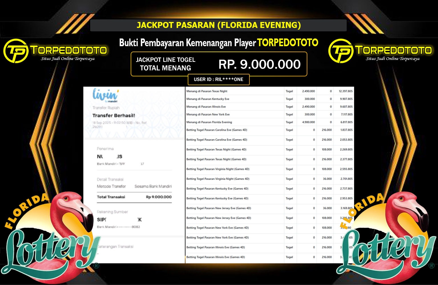 TORPEDOTOTO JACKPOT PASARAN (FLORIDA EVENING) Rp.9.000.000,- LUNAS