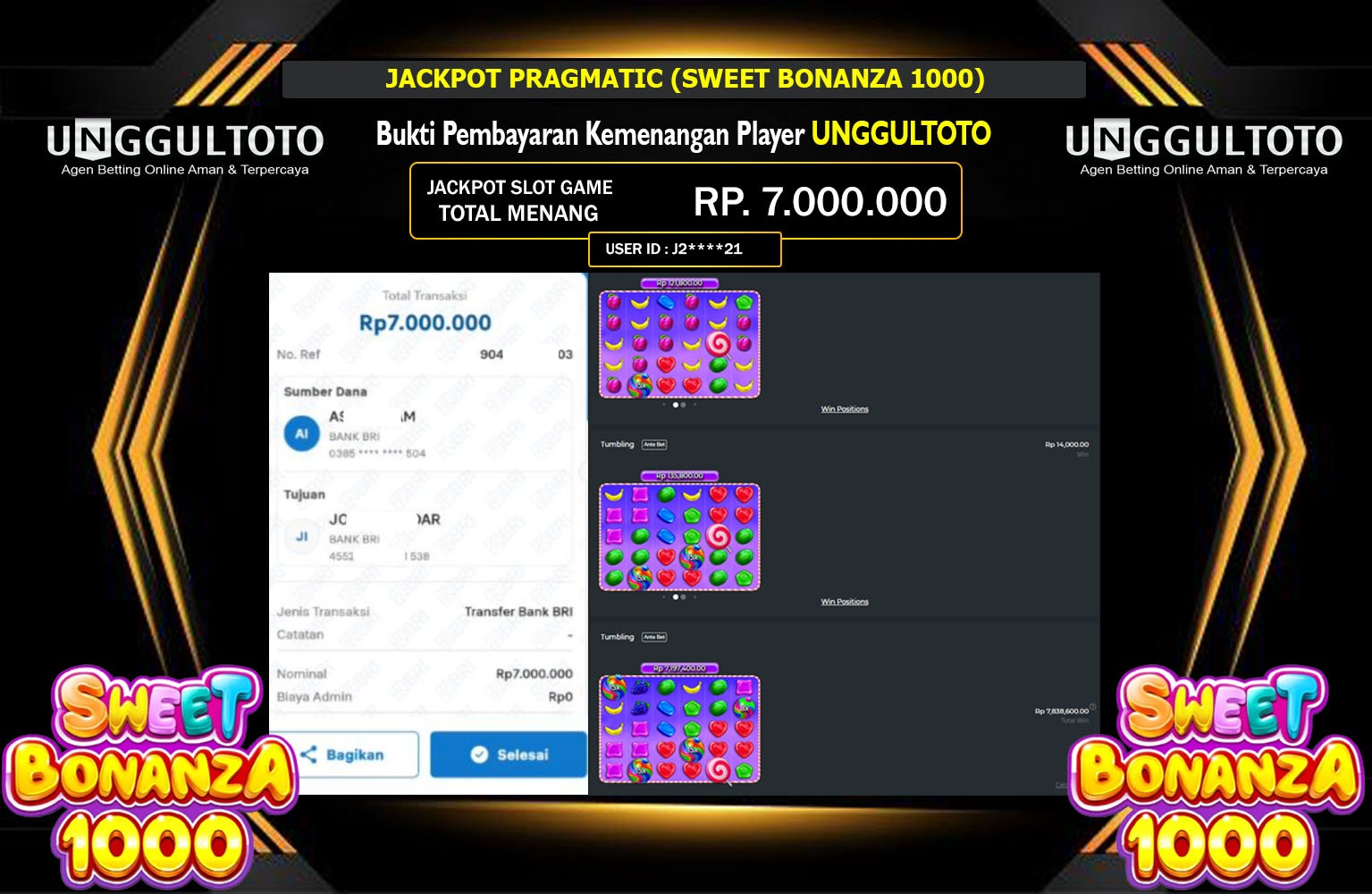 UNGGULTOTO JACKPOT PRAGMATIC (SWEET BONANZA 1000) Rp.7.000.000,- LUNAS
